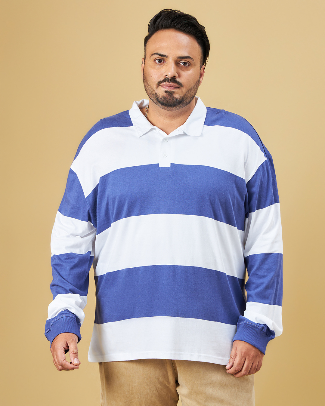 Shop Men's White & Blue Striped Oversized Plus Size Polo T-shirt-Back