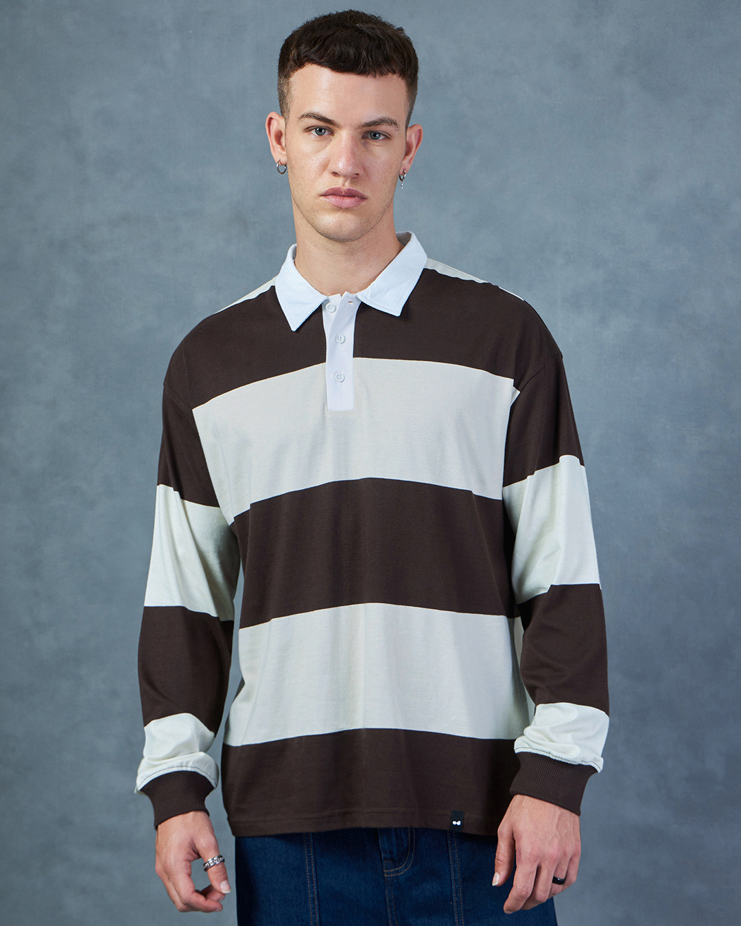Shop Men's Brown & Beige Striped Oversized Polo T-shirt-Back