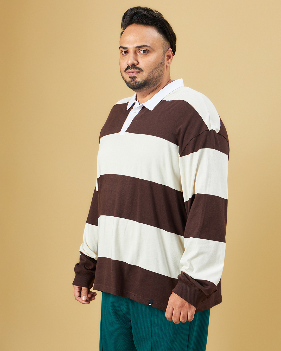 Shop Men's Brown & Beige Striped Oversized Plus Size Polo T-shirt-Back