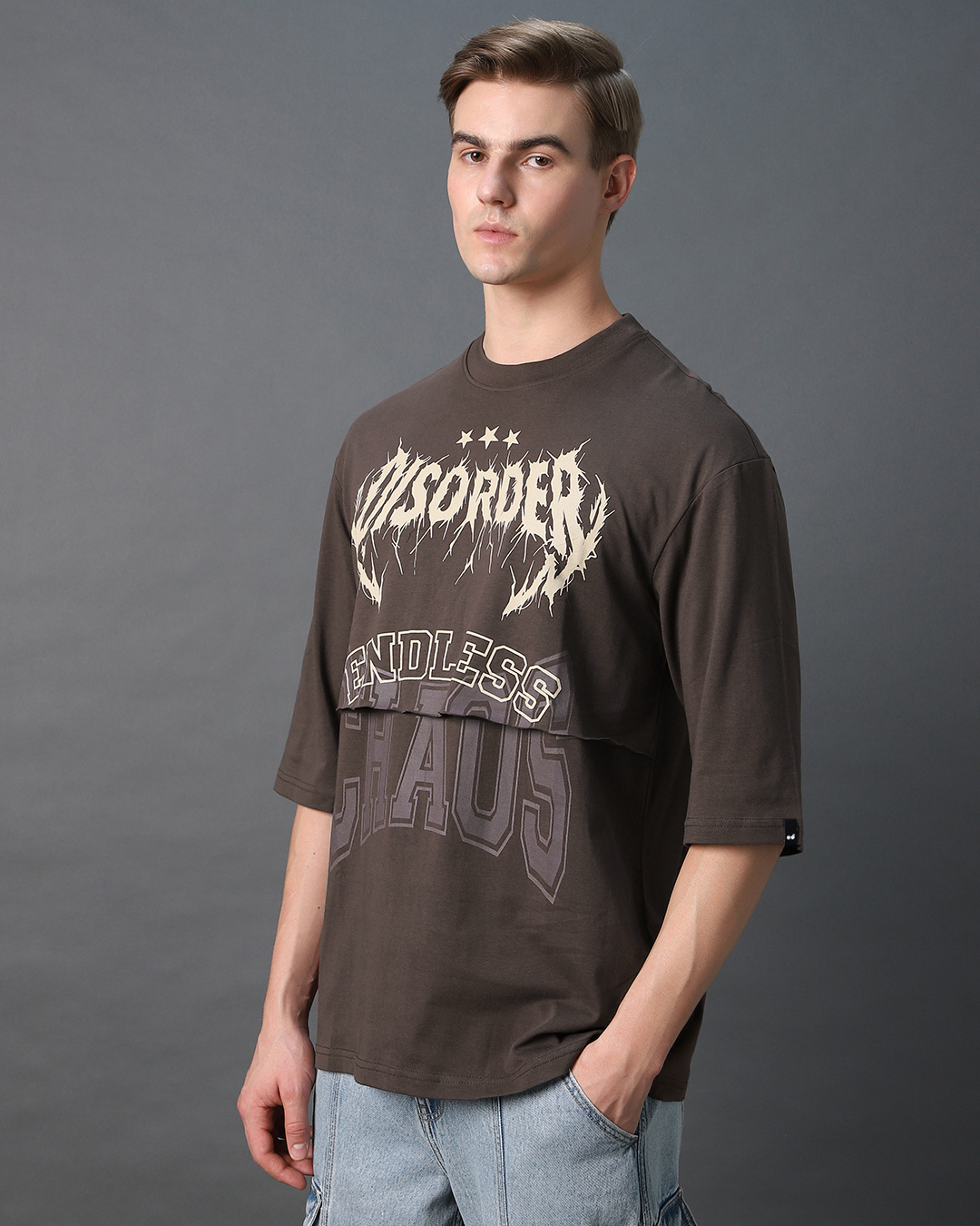 Shop Men's Brown Disorder Typography Oversized T-shirt-Back