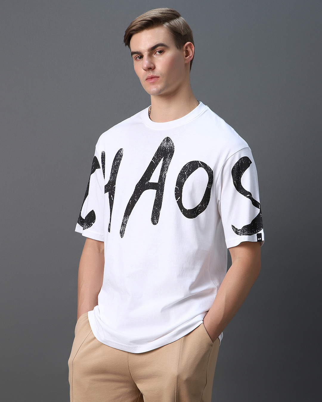 Shop Men's White Chaos Typography Oversized T-shirt-Back