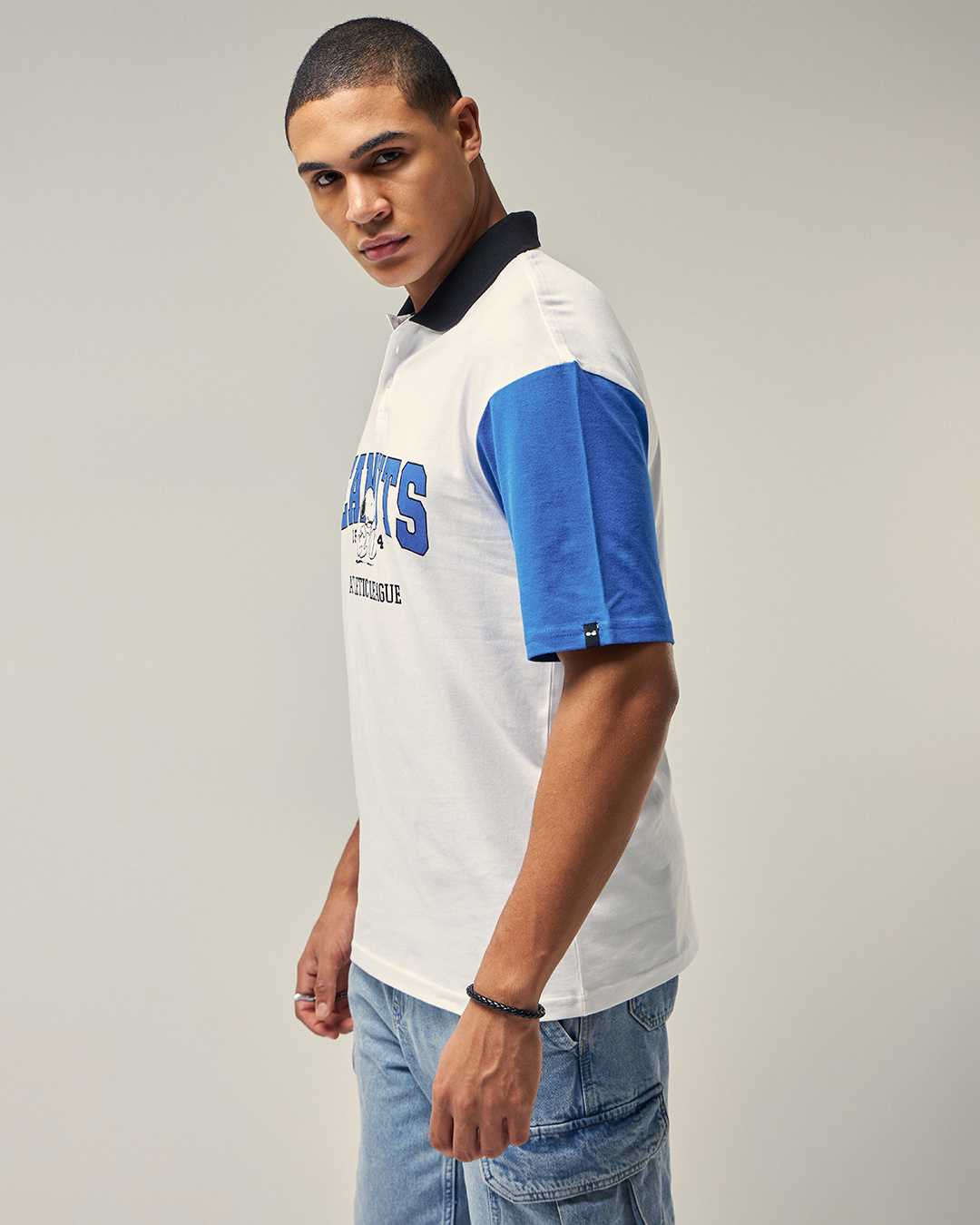 Shop Men's White & Blue Peanuts Graphic Printed Oversized Polo T-shirt-Back