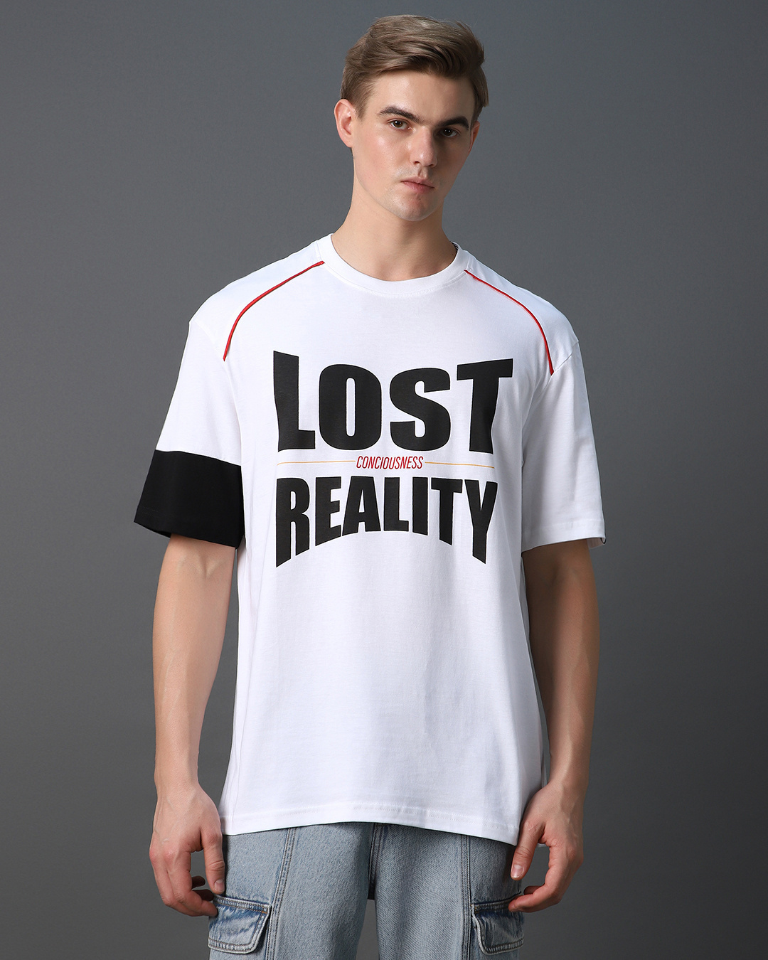 Shop Men's White Conciousness Typography Super Loose Fit T-shirt-Back