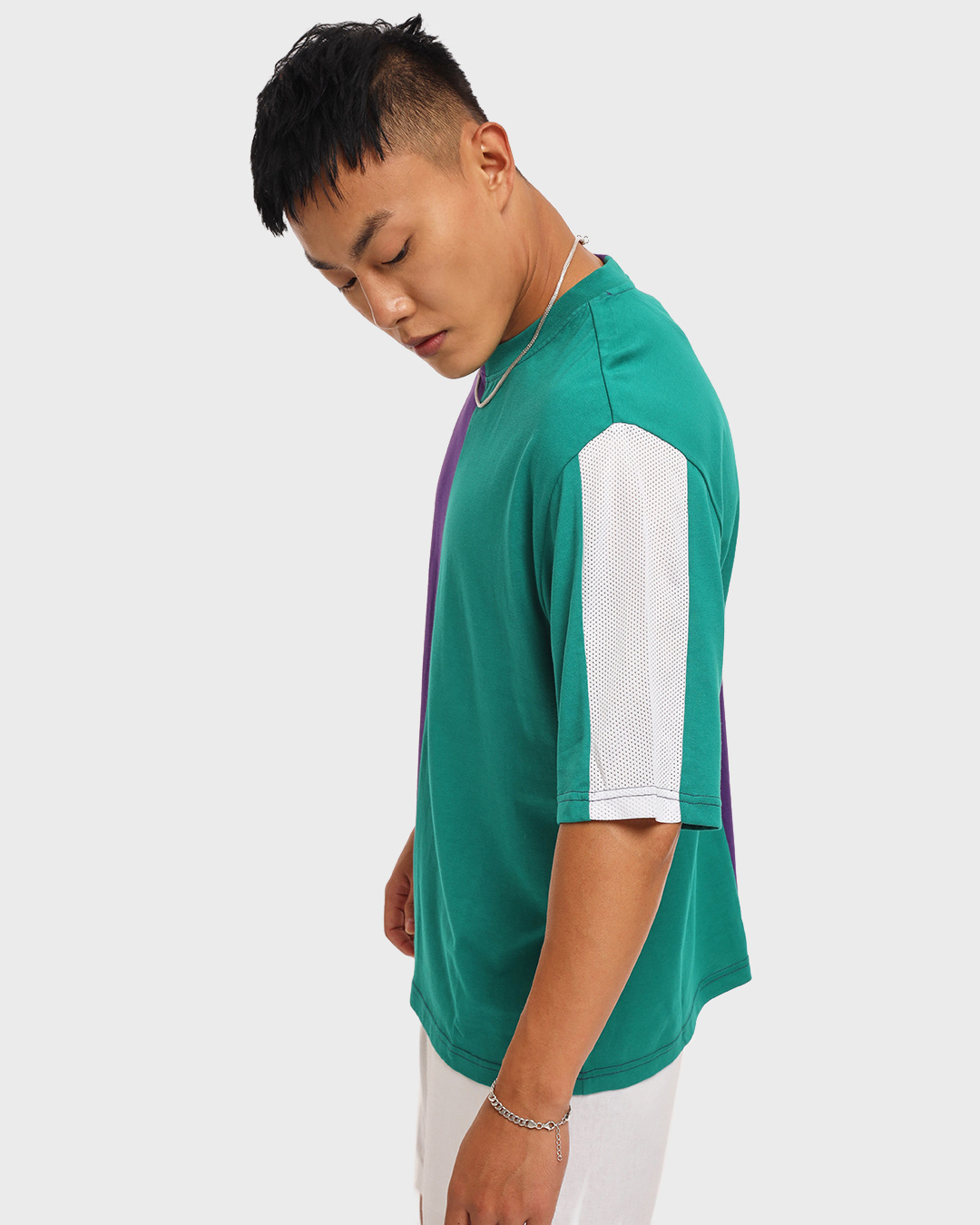 Shop Men's Acai & Ultramarine Green Color Block Oversized T-shirt-Back