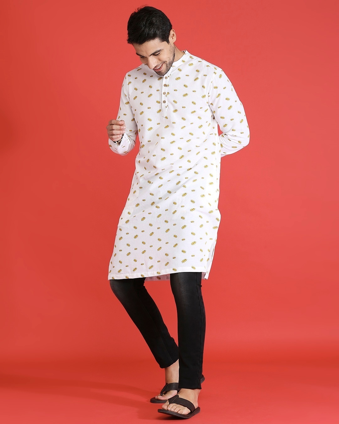 Shop Men's White All Over Printed Relaxed Fit Kurta-Back