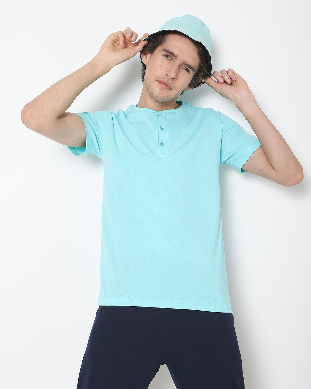 Shop Men's Aqua Sky Half Sleeve Henley T-shirt-Front