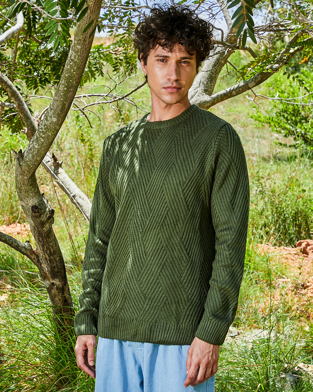 Shop Men's Army Green Textured Sweater-Back