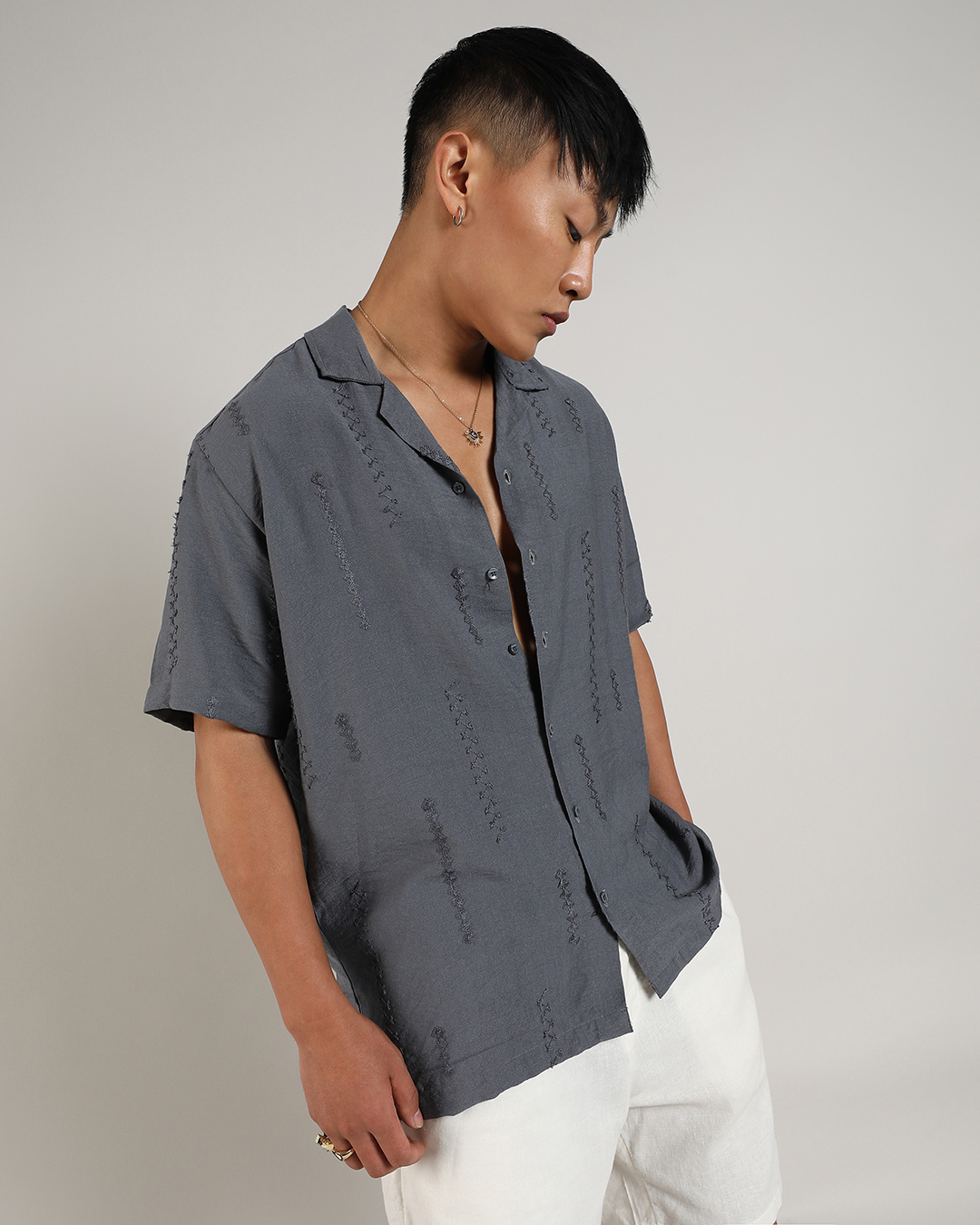 Shop Men's Ash Grey Embroidered Relaxed Fit Shirt-Back