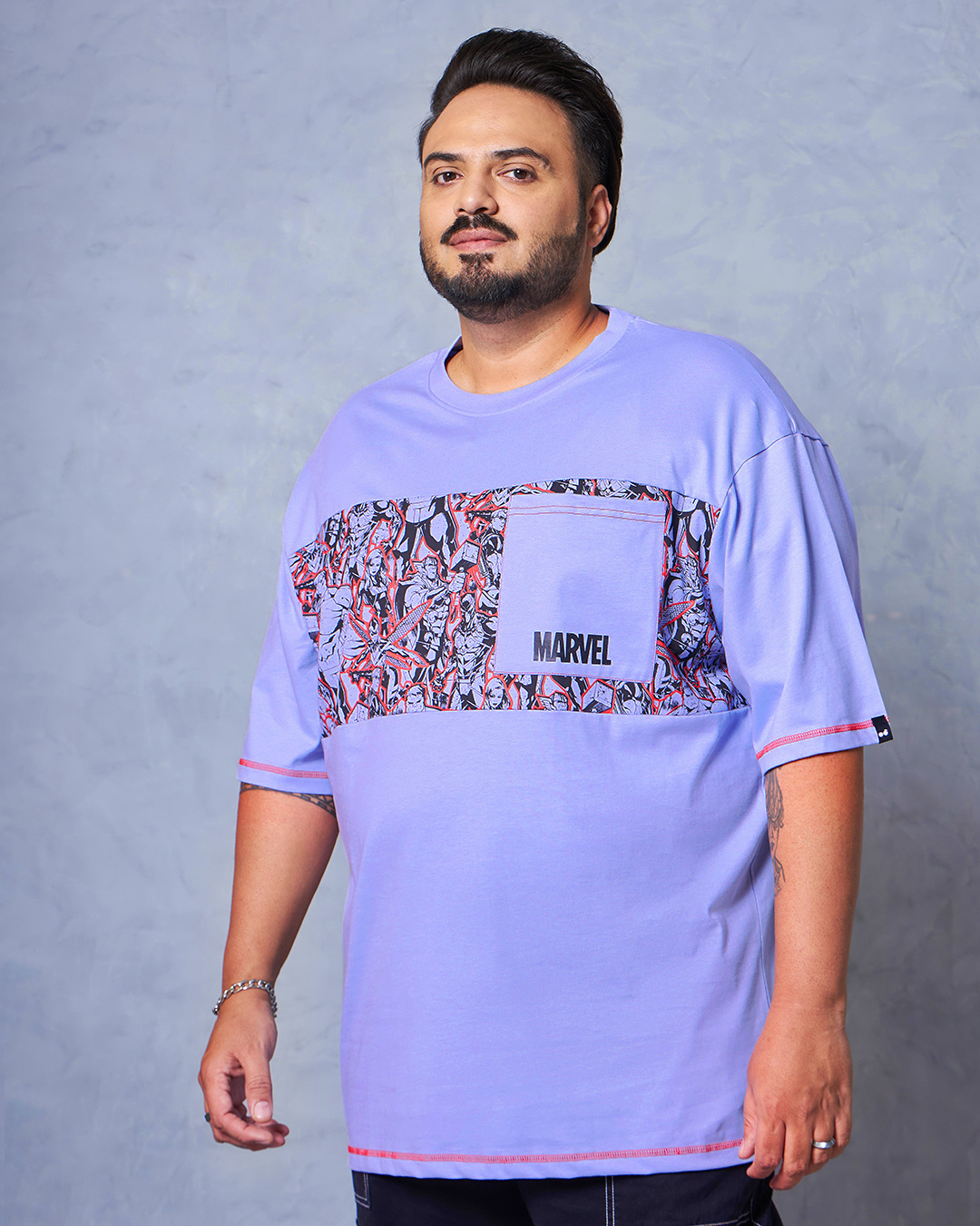 Shop Men's Baby Lavender Marvel Graphic Printed Oversized Plus Size T-shirt-Back