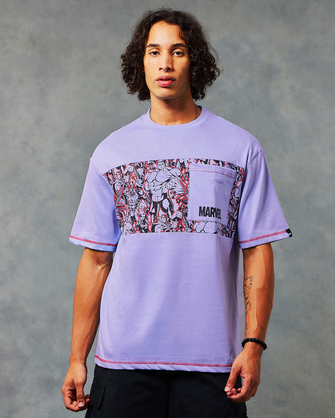 Shop Men's Baby Lavender Marvel Graphic Printed Oversized T-shirt-Back