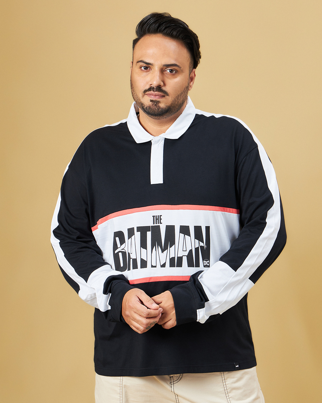 Shop Men's Black & White Batman Typography Oversized Plus Size Polo T-shirt-Back