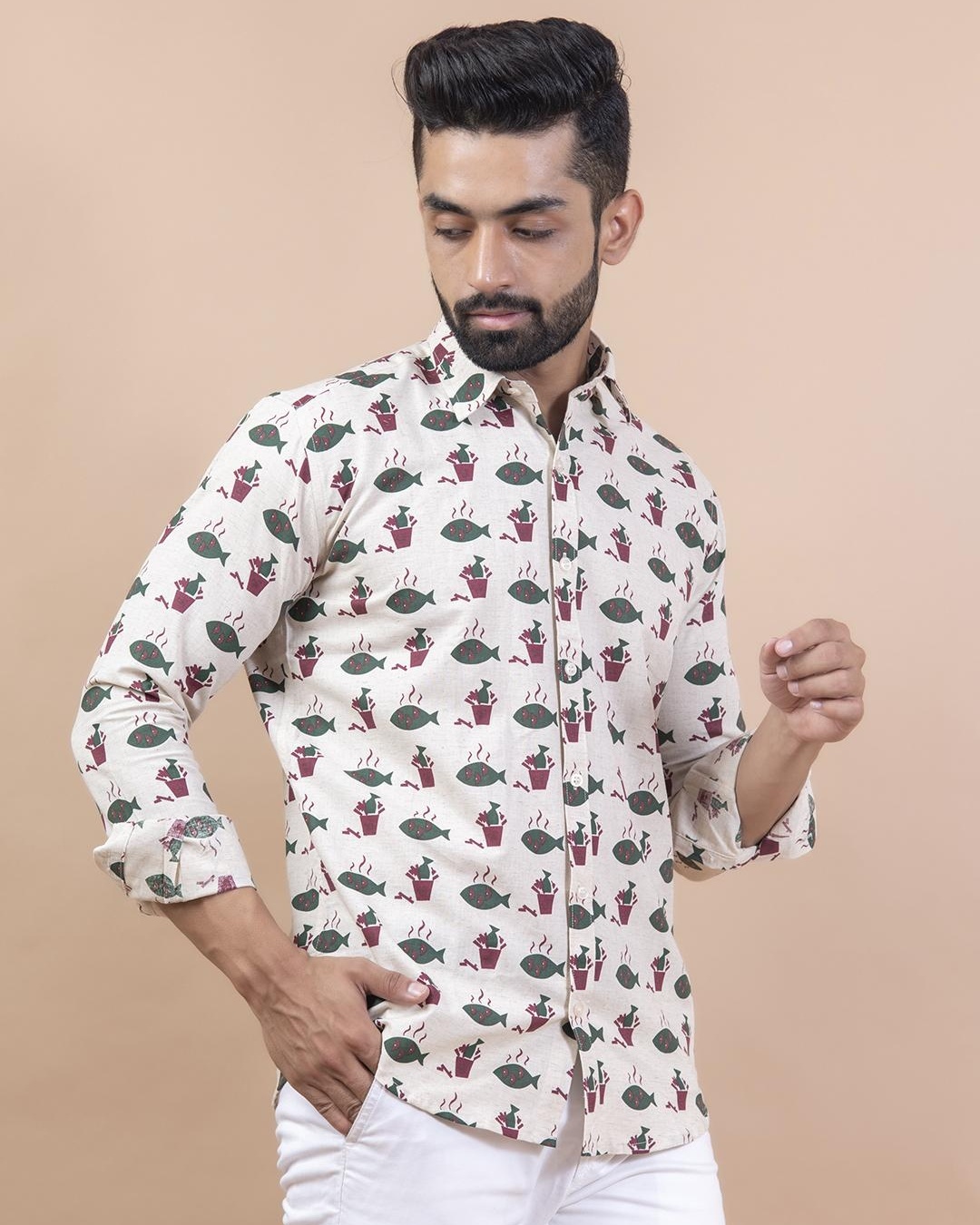 Shop Men's Beige All Over Fish Printed Relaxed Fit Shirt-Back