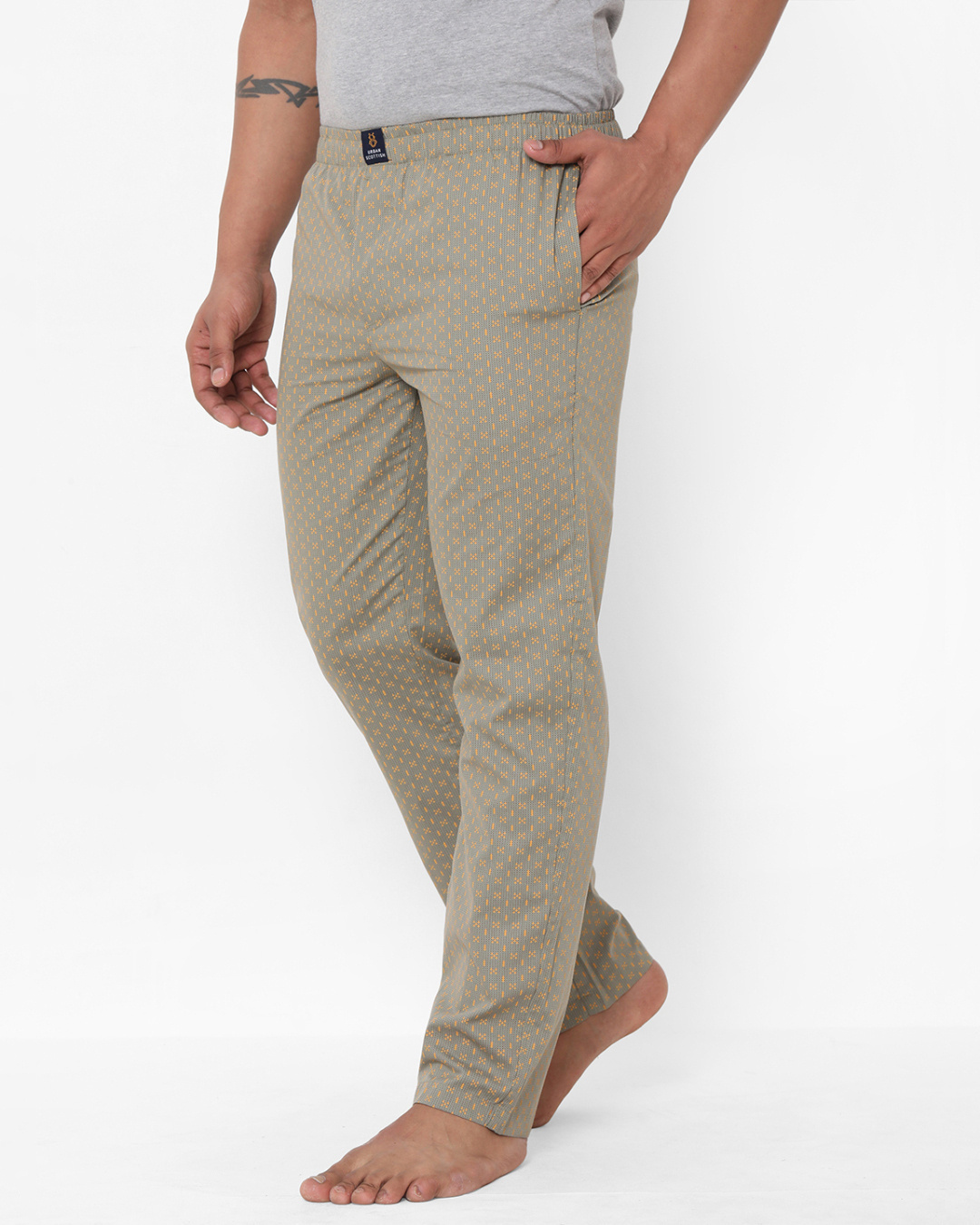 Shop Men's Beige All Over Printed Cotton Lounge Pants-Back