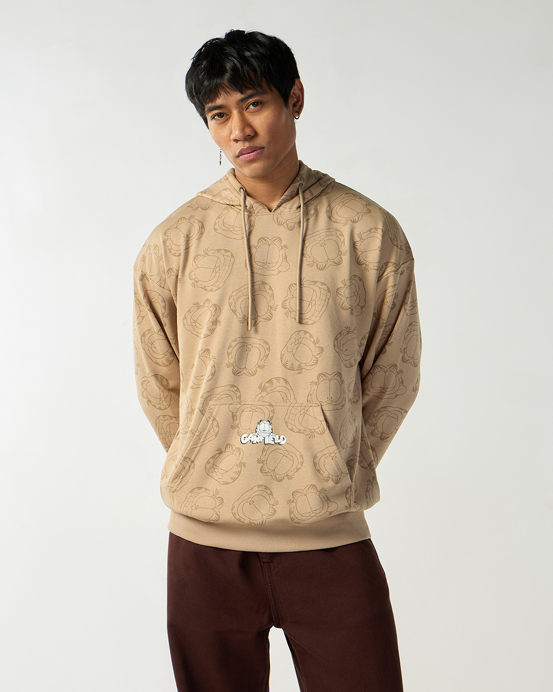 Shop Men's Beige Garfield All Over Printed Oversized Hoodies-Back