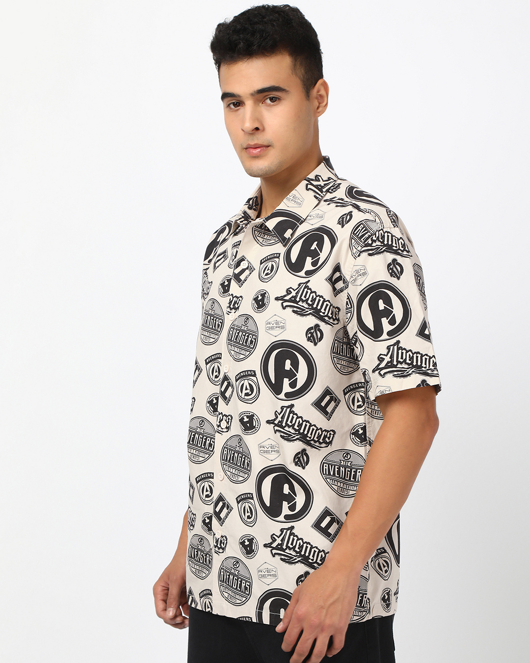Shop Men's Beige Avengers All Over Printed Oversized Shirt-Back