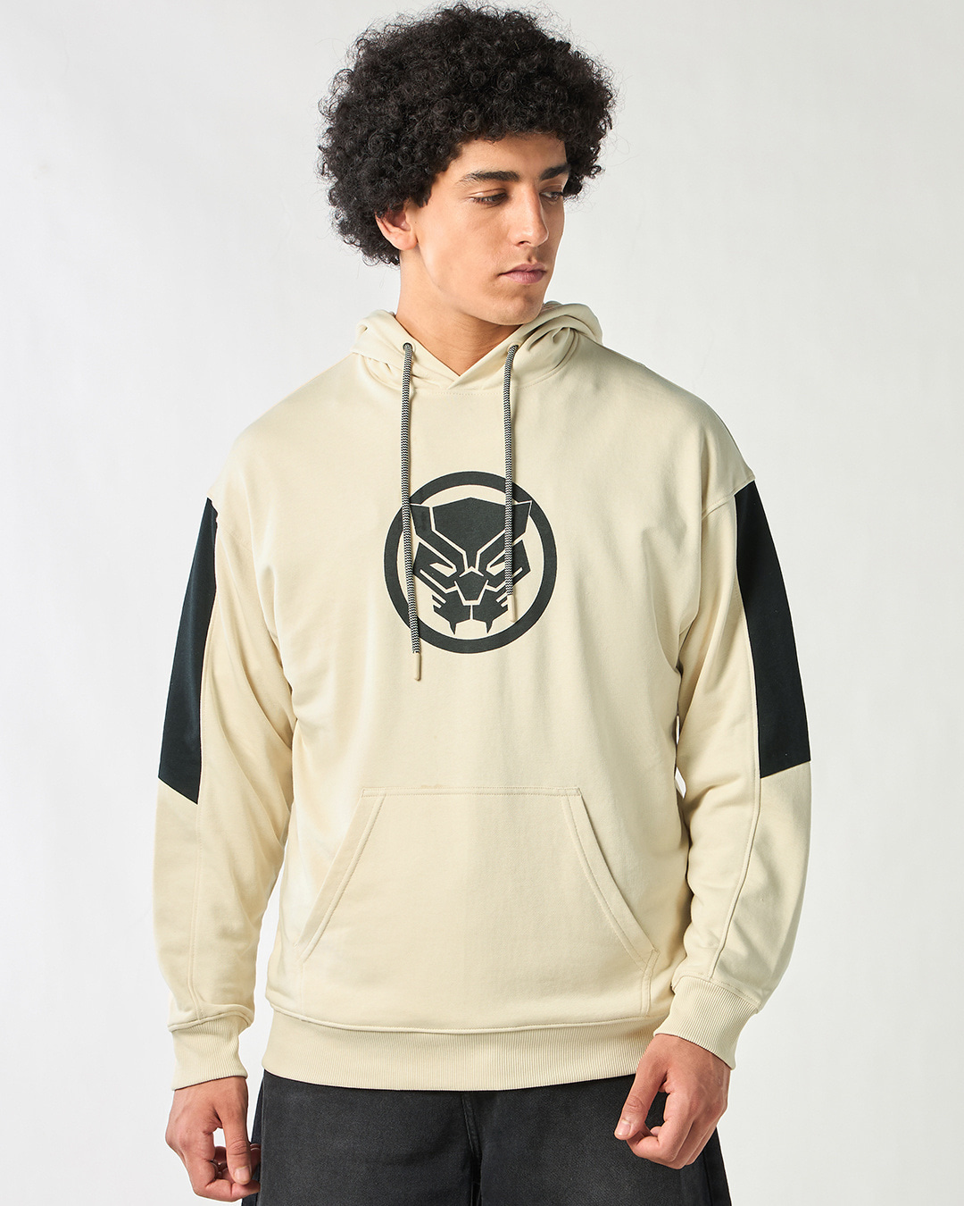 Shop Men's Beige & Black Graphic Printed Oversized Hoodies-Back