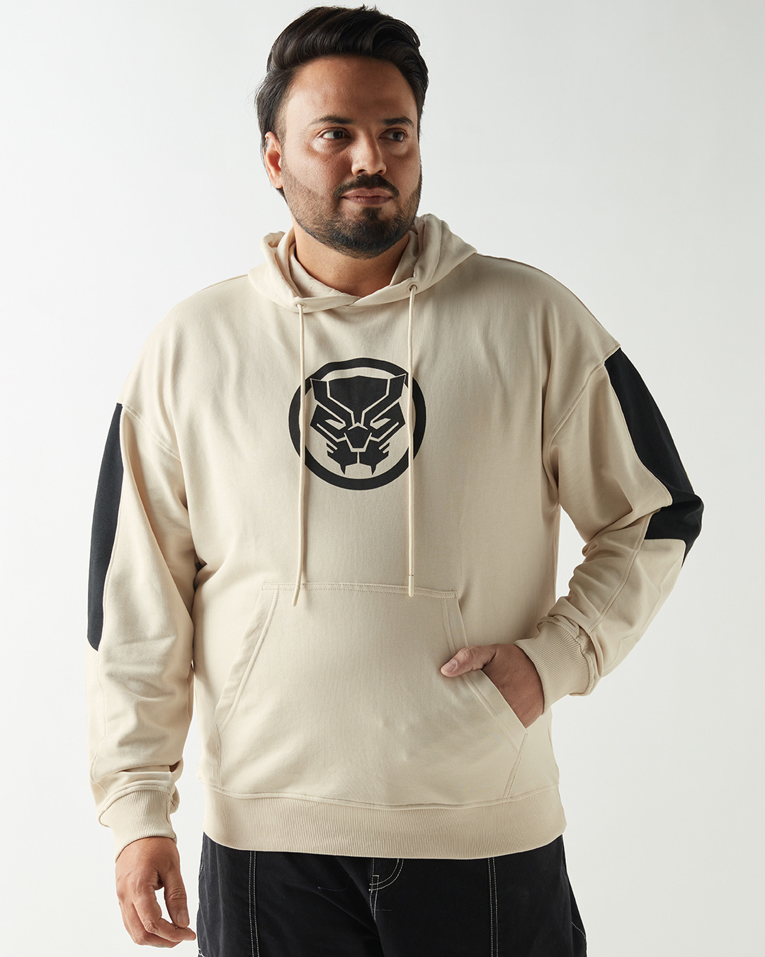 Shop Men's Beige & Black Graphic Printed Oversized Plus Size Hoodies-Back