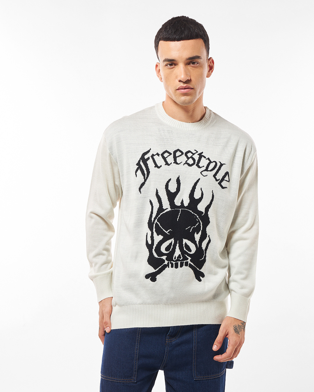 Shop Men's Beige & Black Graphic Printed Super Loose Fit Sweater-Back