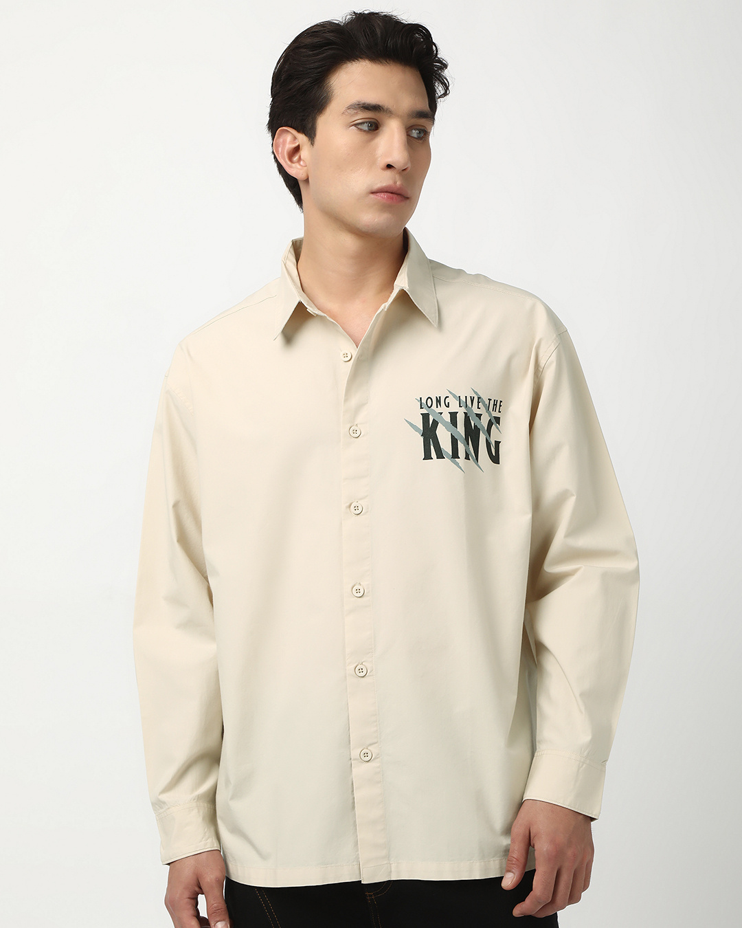 Shop Men's Beige Black Panther Graphic Printed Oversized Shirt-Back