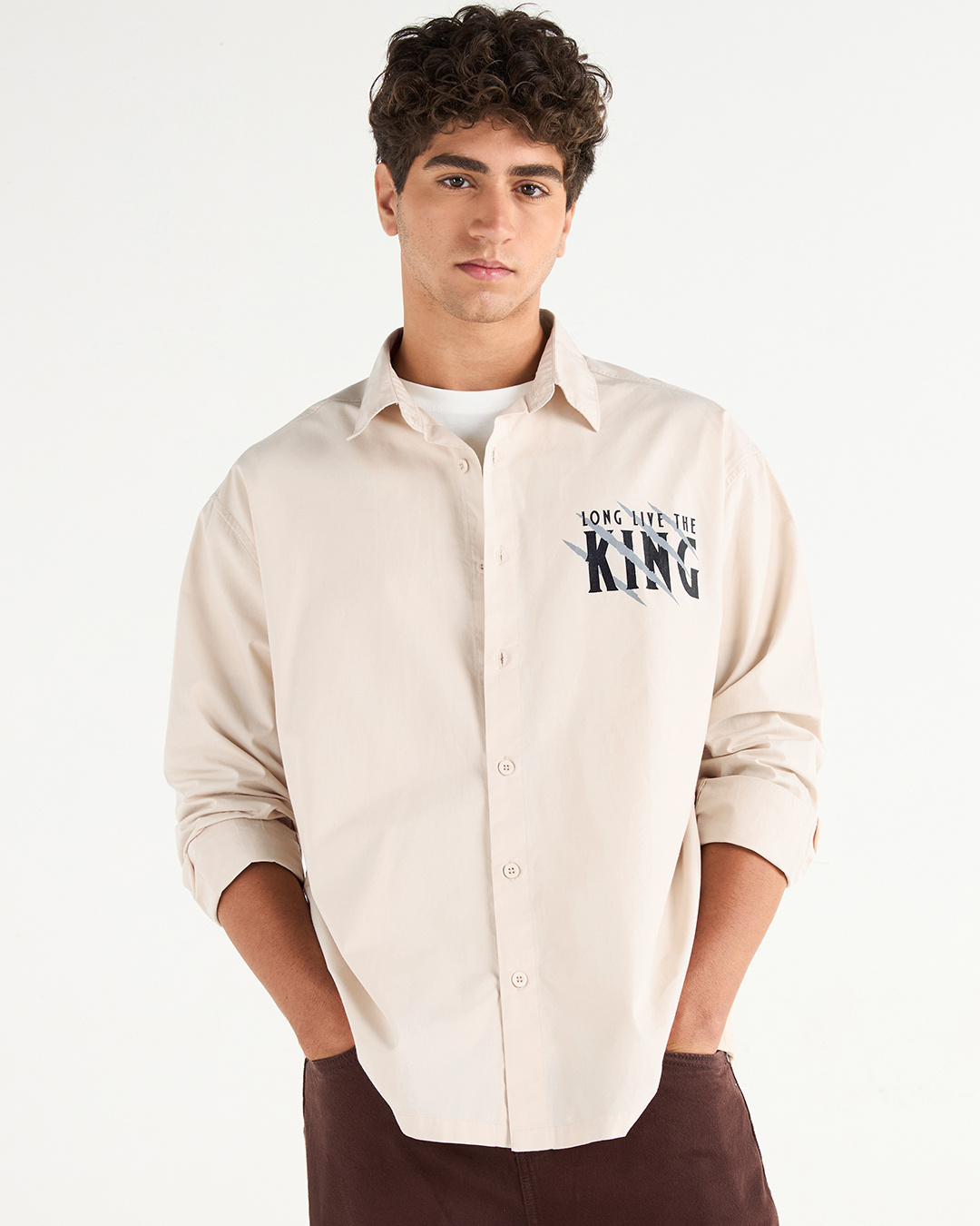 Shop Men's Beige Black Panther Graphic Printed Oversized Shirt-Back
