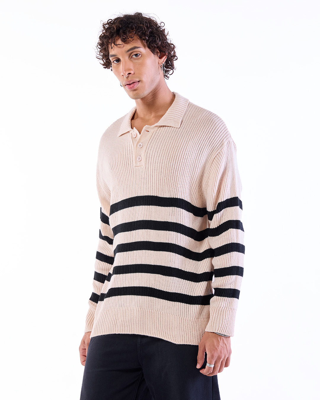 Shop Men's Beige & Black Striped Oversized Sweater-Back