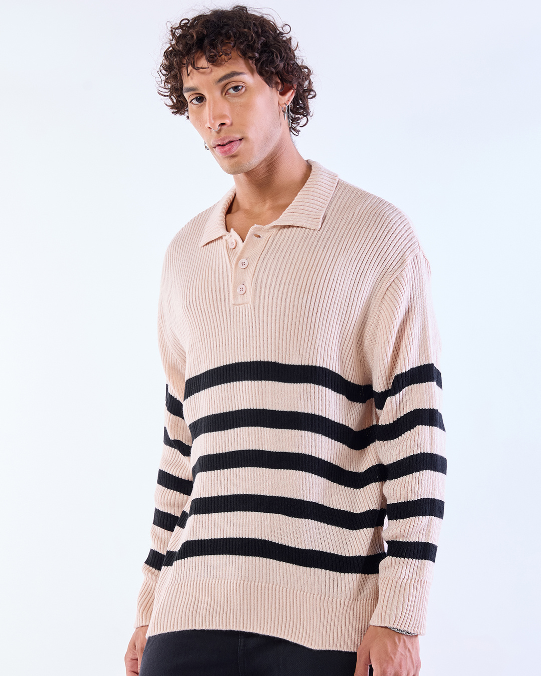 Shop Men's Beige & Black Striped Oversized Sweater-Back