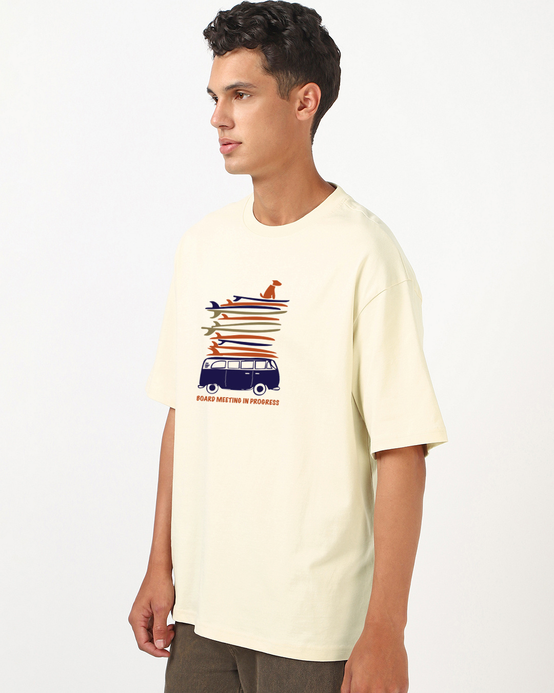 Shop Men's Beige Board Meeting Graphic Printed Oversized T-shirt-Back