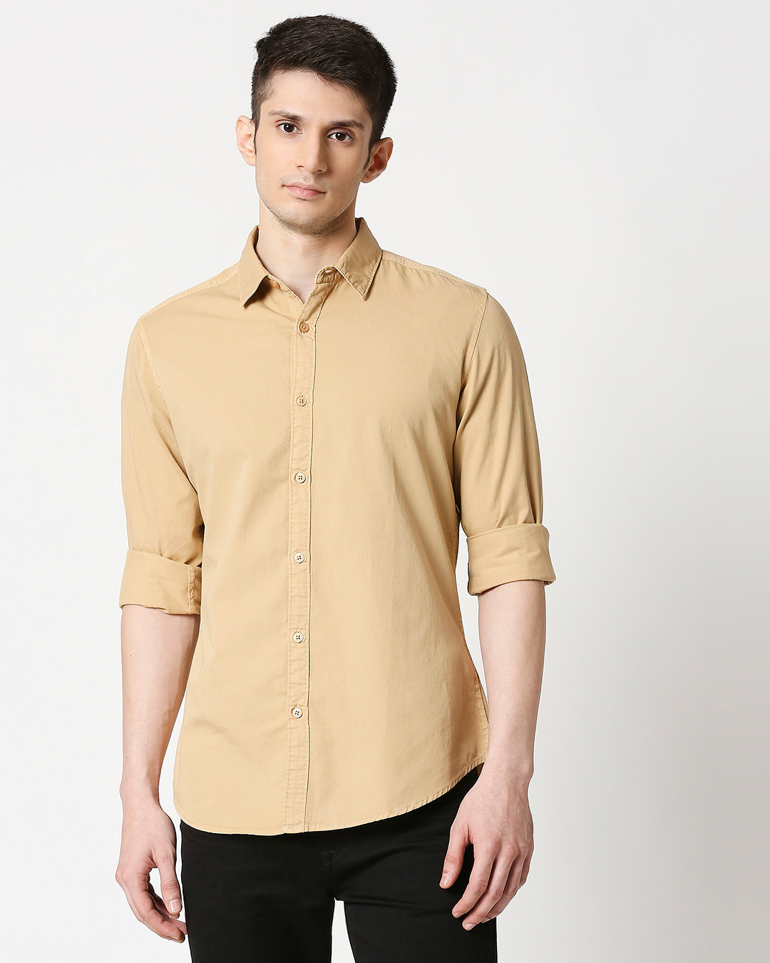 Shop Men's Beige Casual Slim Fit Over Dyed Shirts-Back
