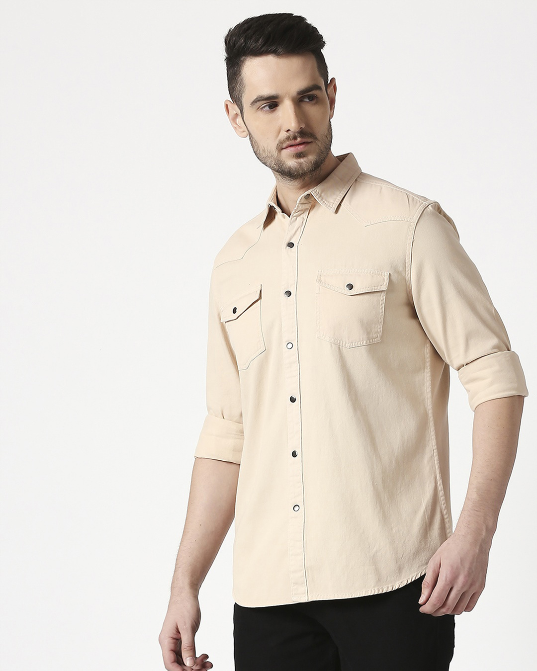 Shop Men's Beige Casual Twill Over Dyed Slim Fit Shirt-Back