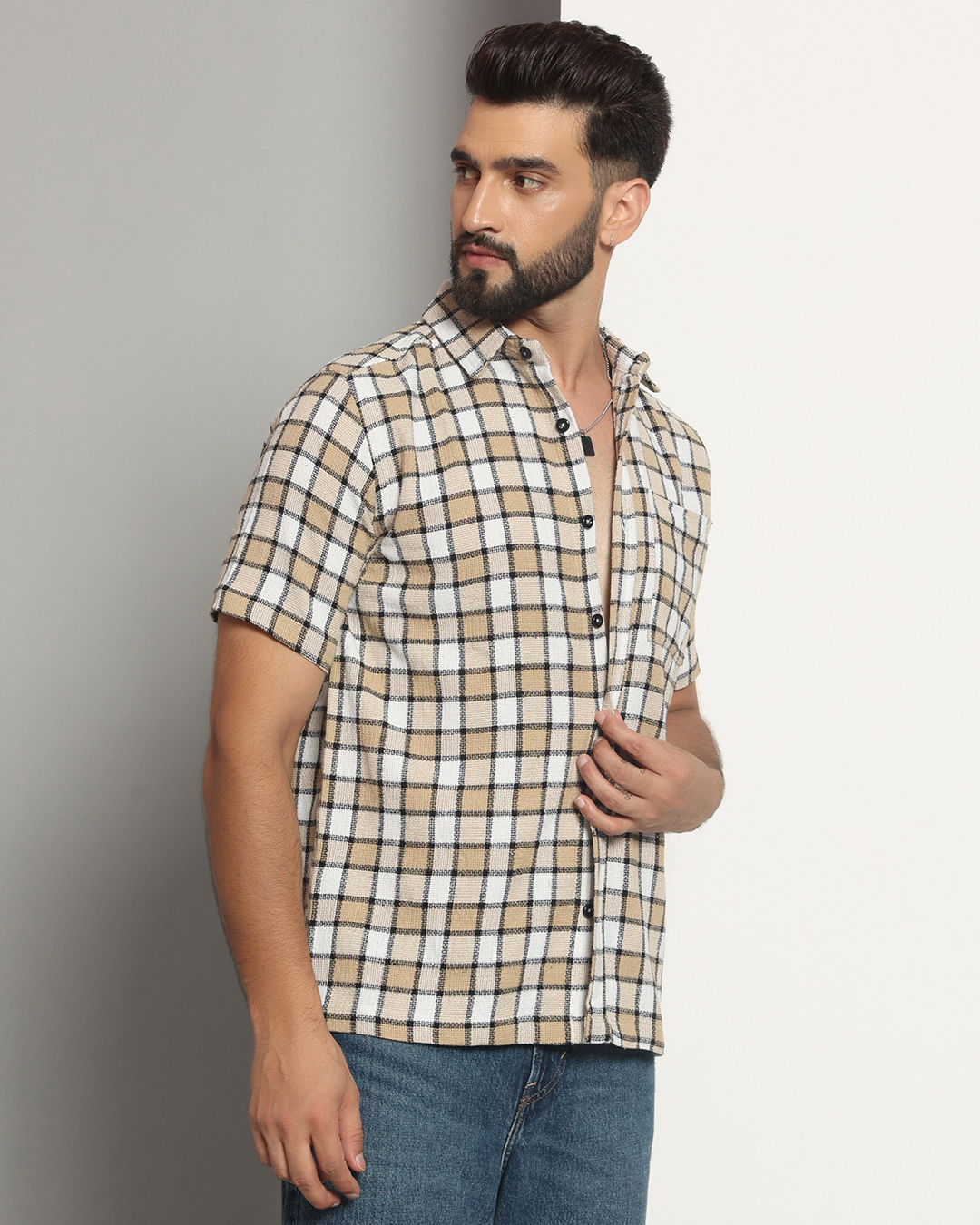 Shop Men's Beige Checked Shirt-Back