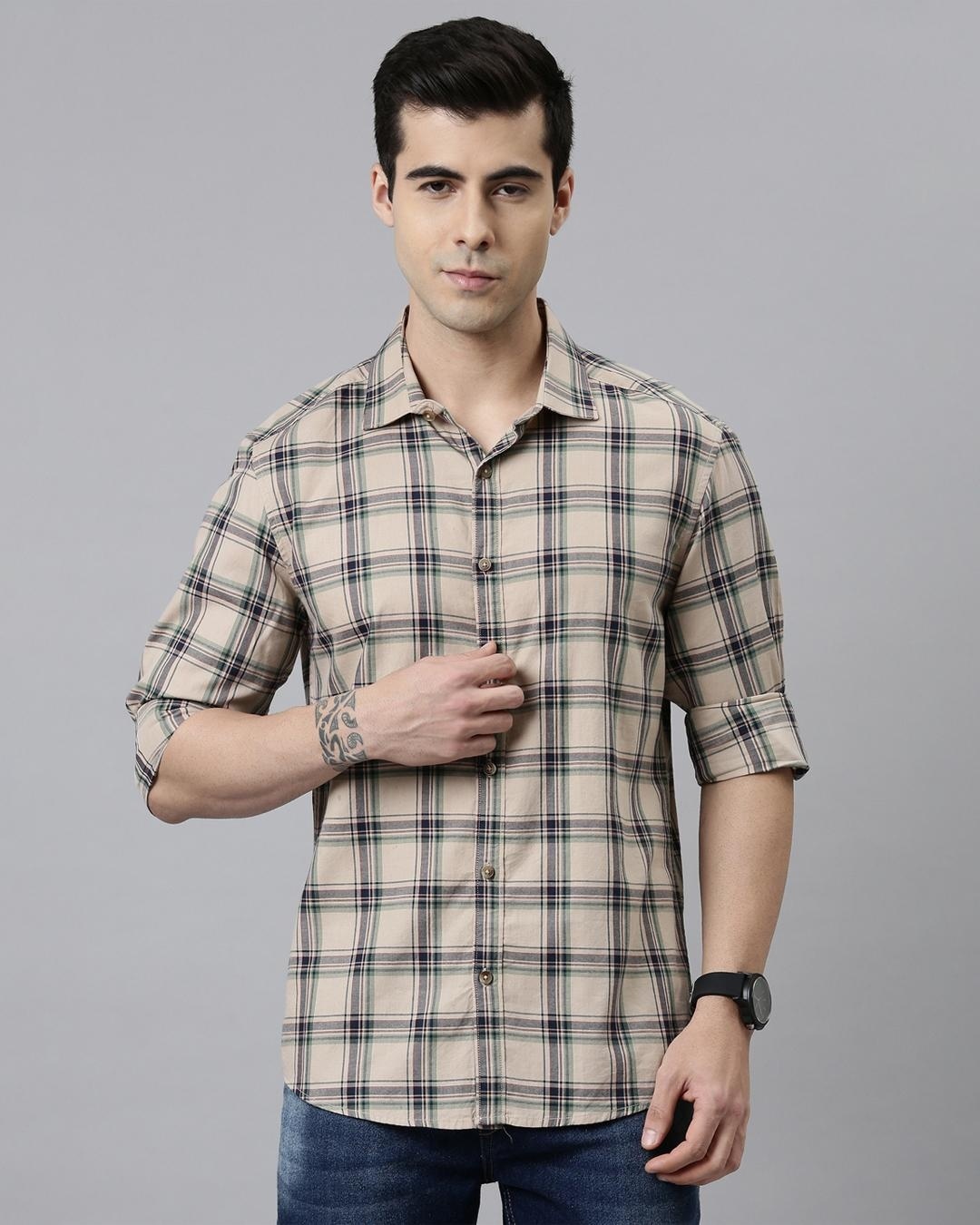Buy Men's Beige Checked Slim Fit Shirt Online at Bewakoof
