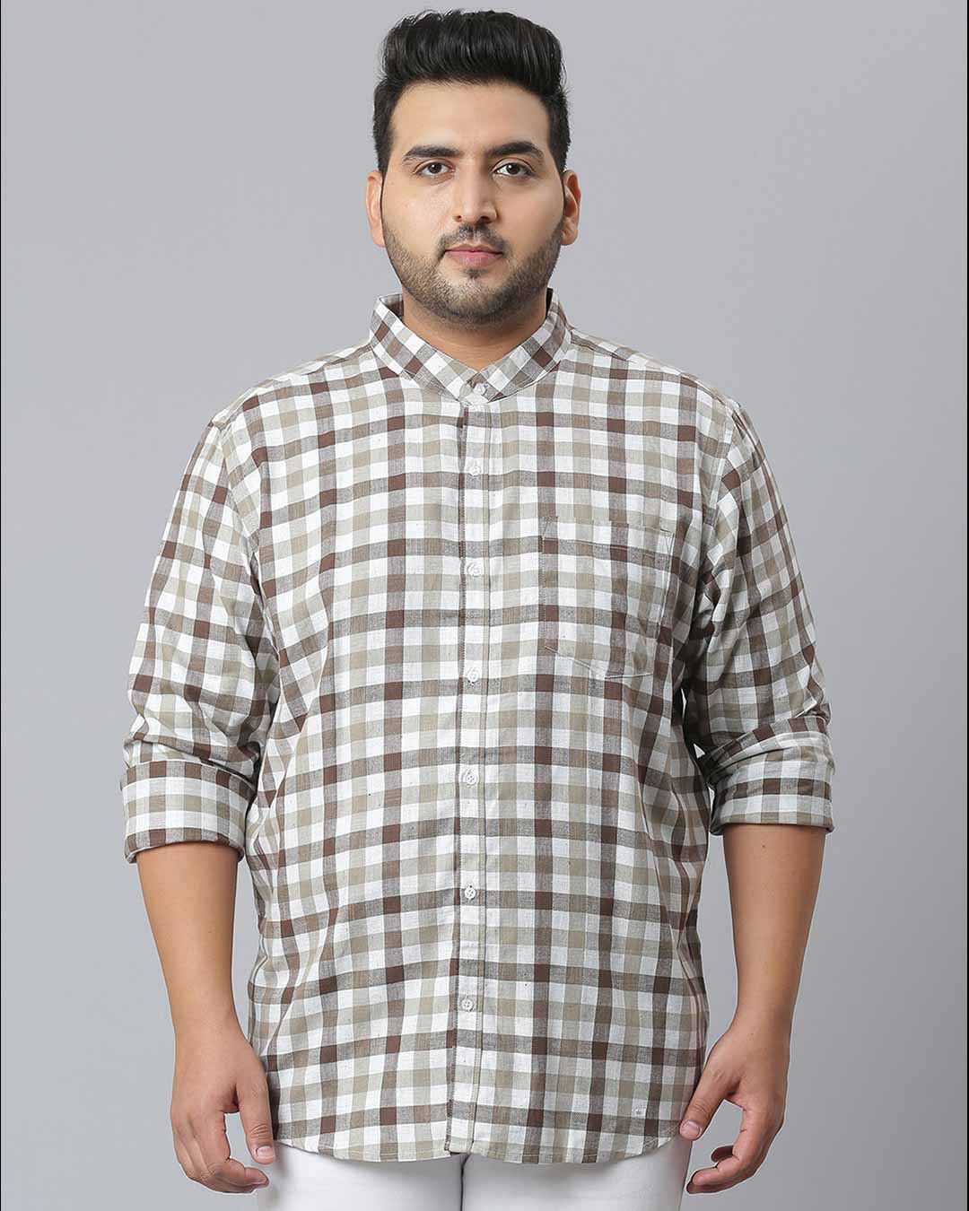 Shop Men's Beige Checks Stylish Full Sleeve Casual Shirt-Front