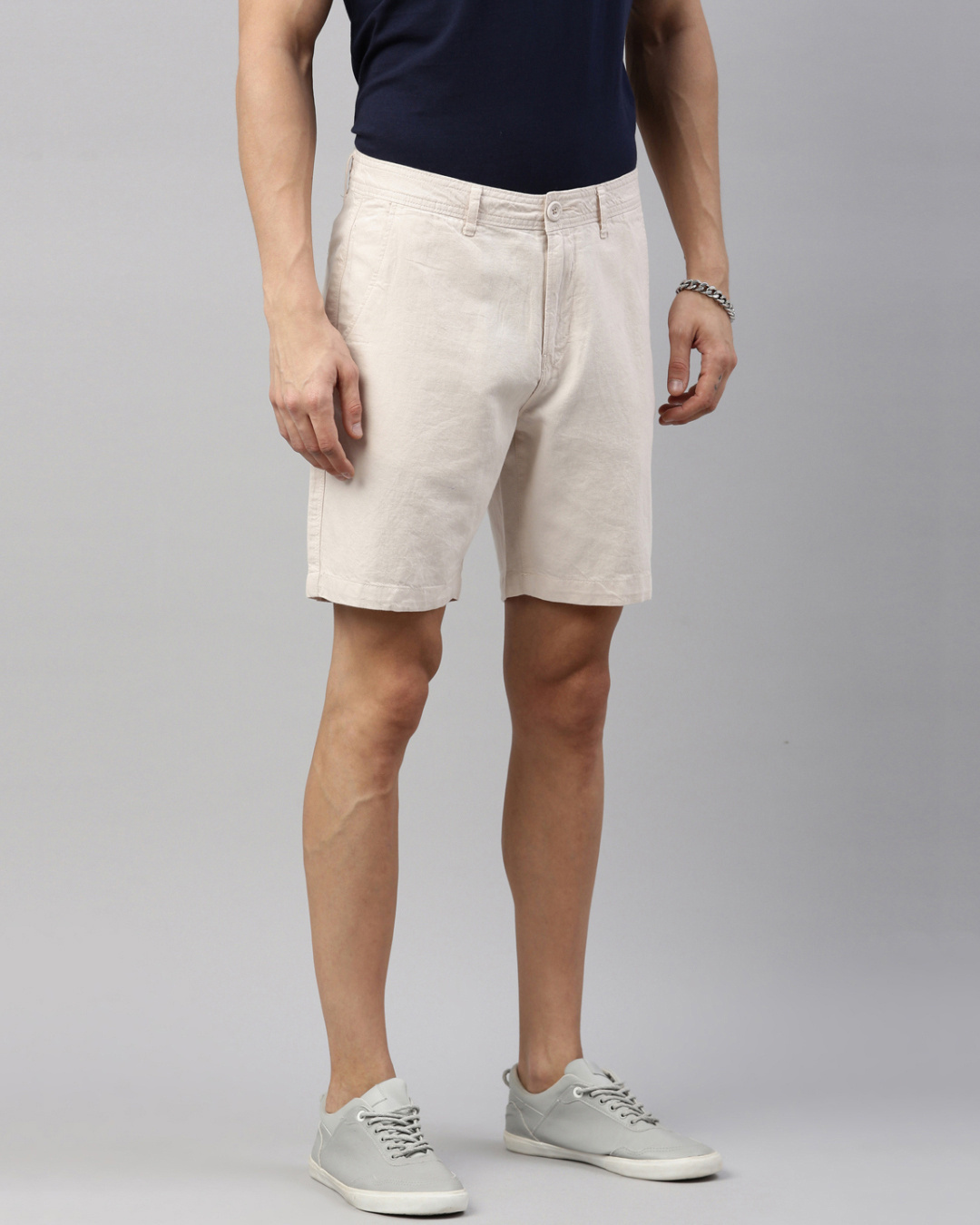 Shop Men's Beige Cotton Linen Shorts-Back