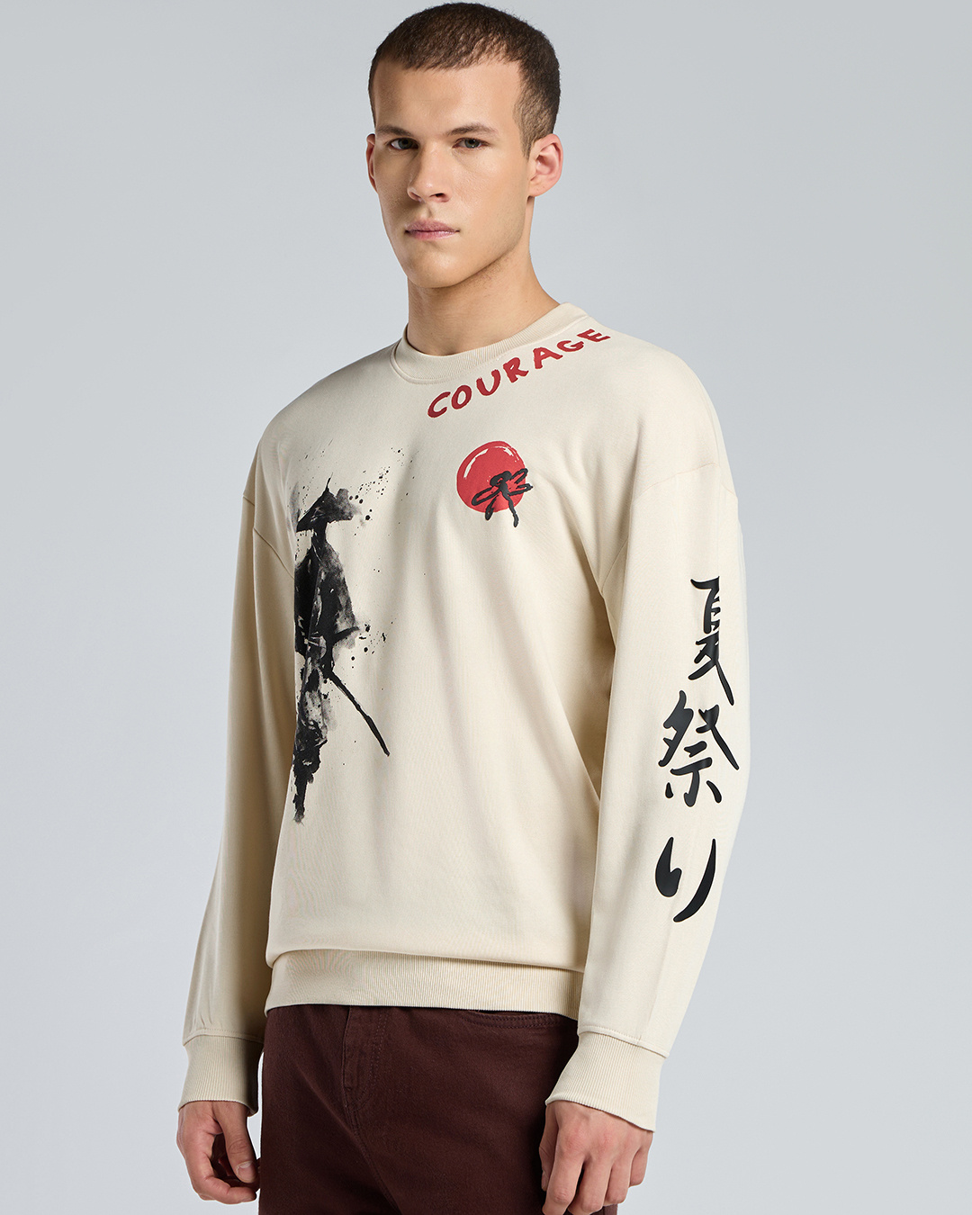Shop Men's Beige Courage Graphic Printed Oversized Sweatshirt-Back