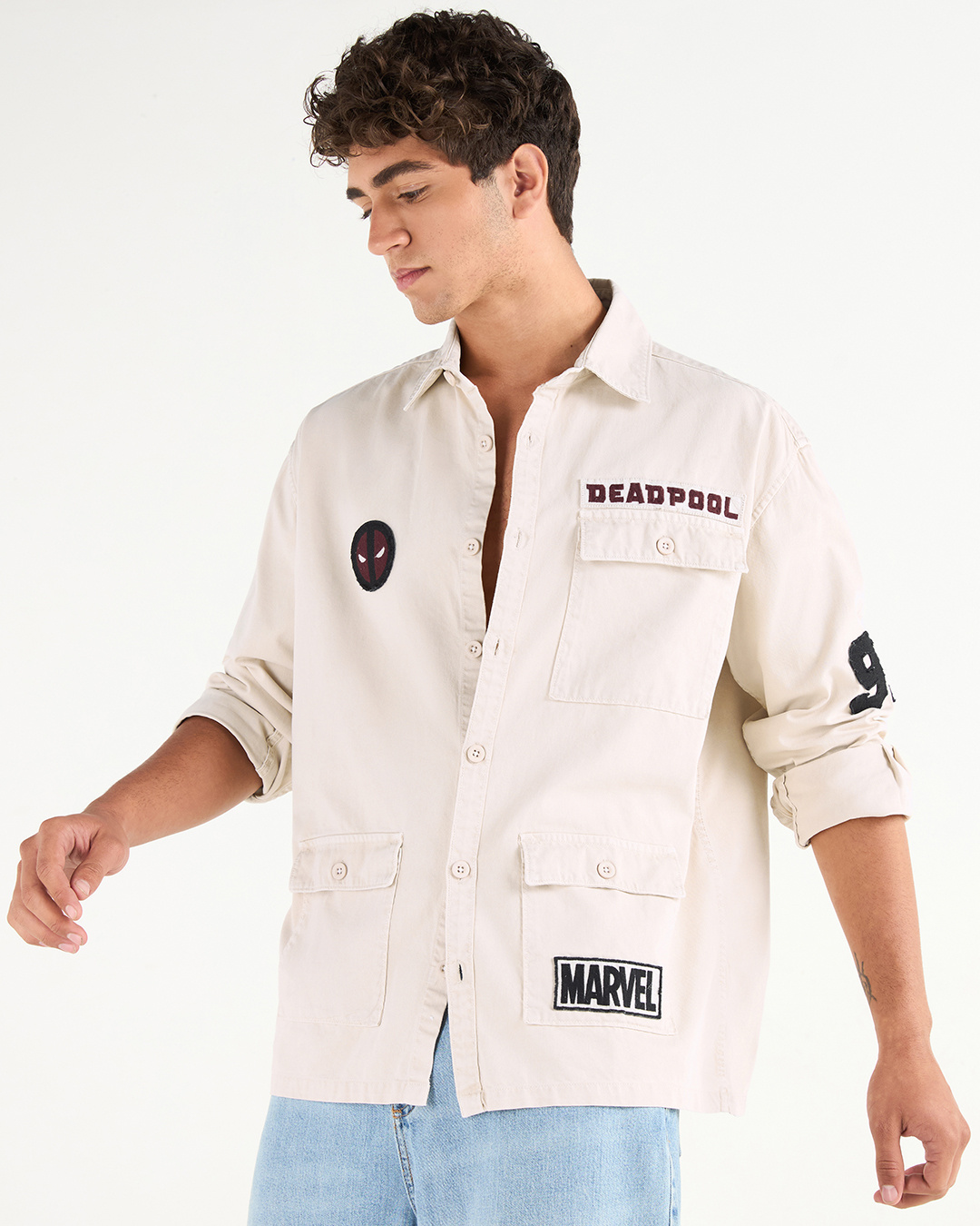 Shop Men's Beige Deadpool Batch Printed Oversized Cargo Shirt-Back
