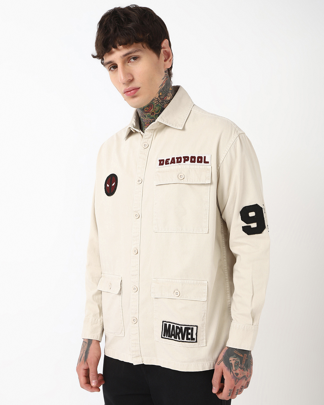 Shop Men's Beige Deadpool Batch Printed Oversized Cargo Shirt-Back