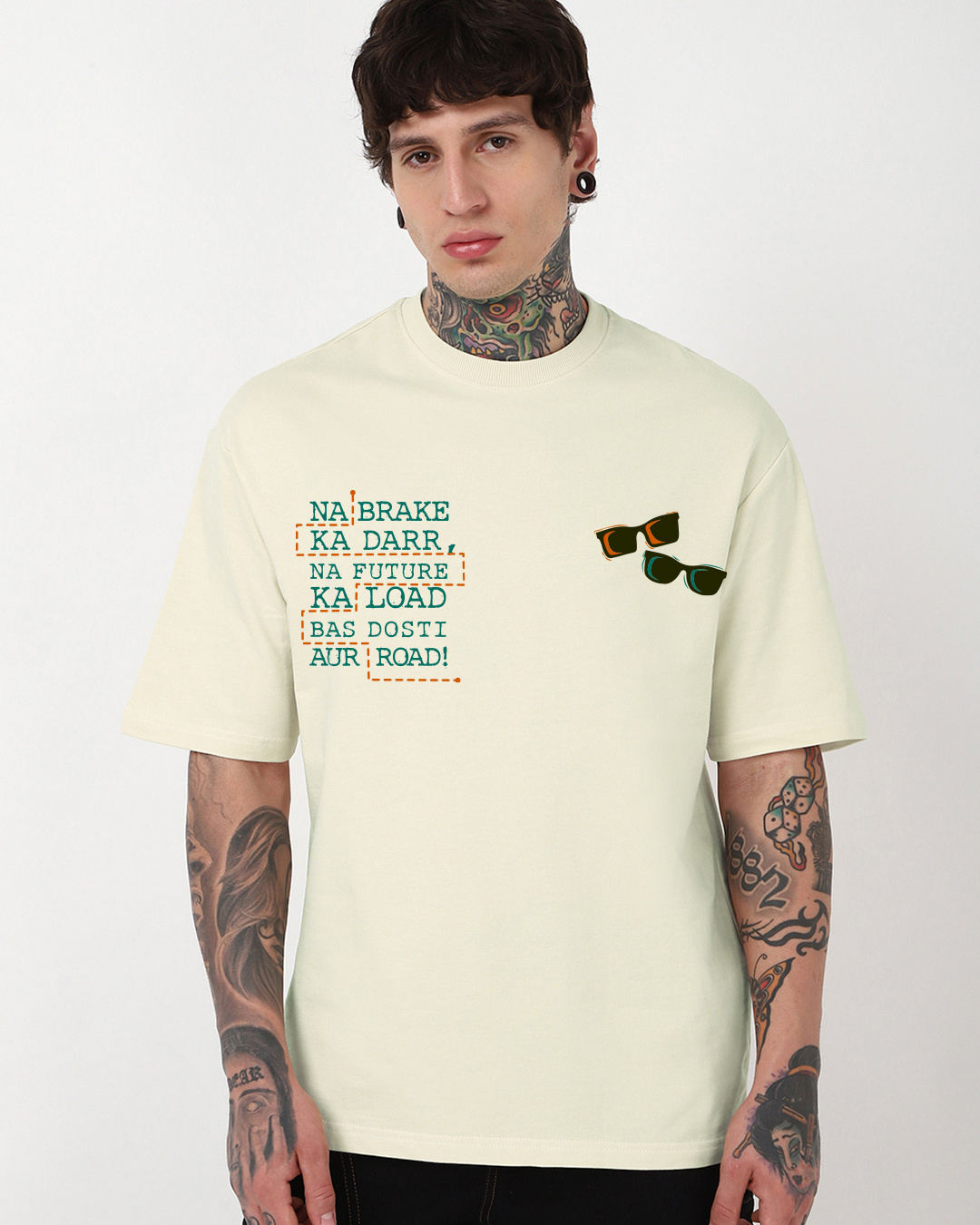 Shop Men's Beige Dynamic Dosti Graphic Printed Oversized T-shirt-Back