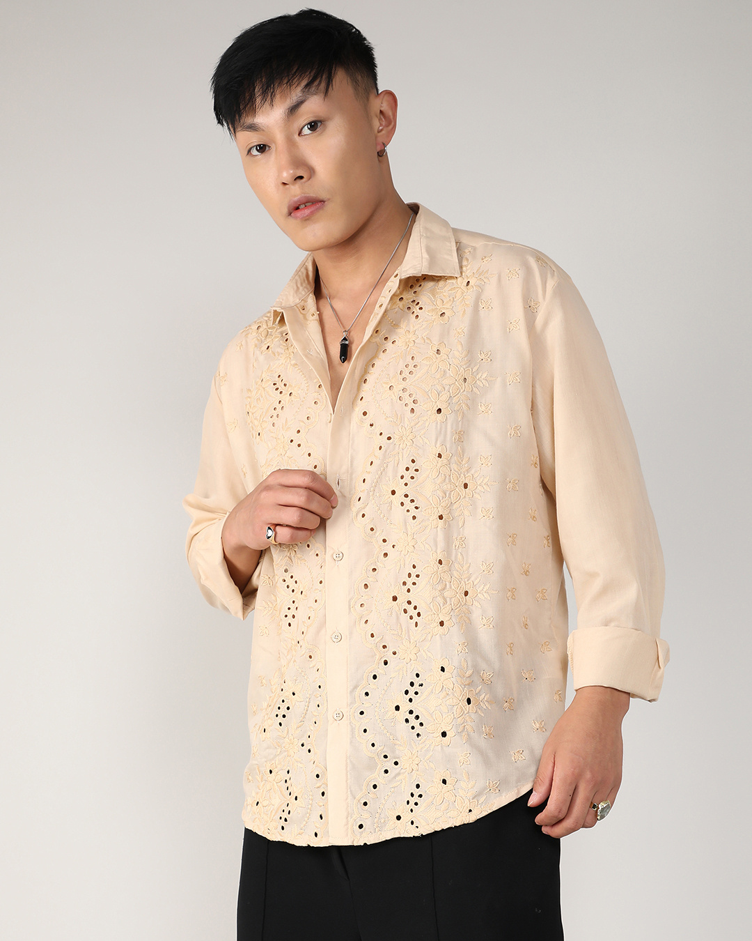 Shop Men's Beige Embroidered Relaxed Fit Shirt-Back