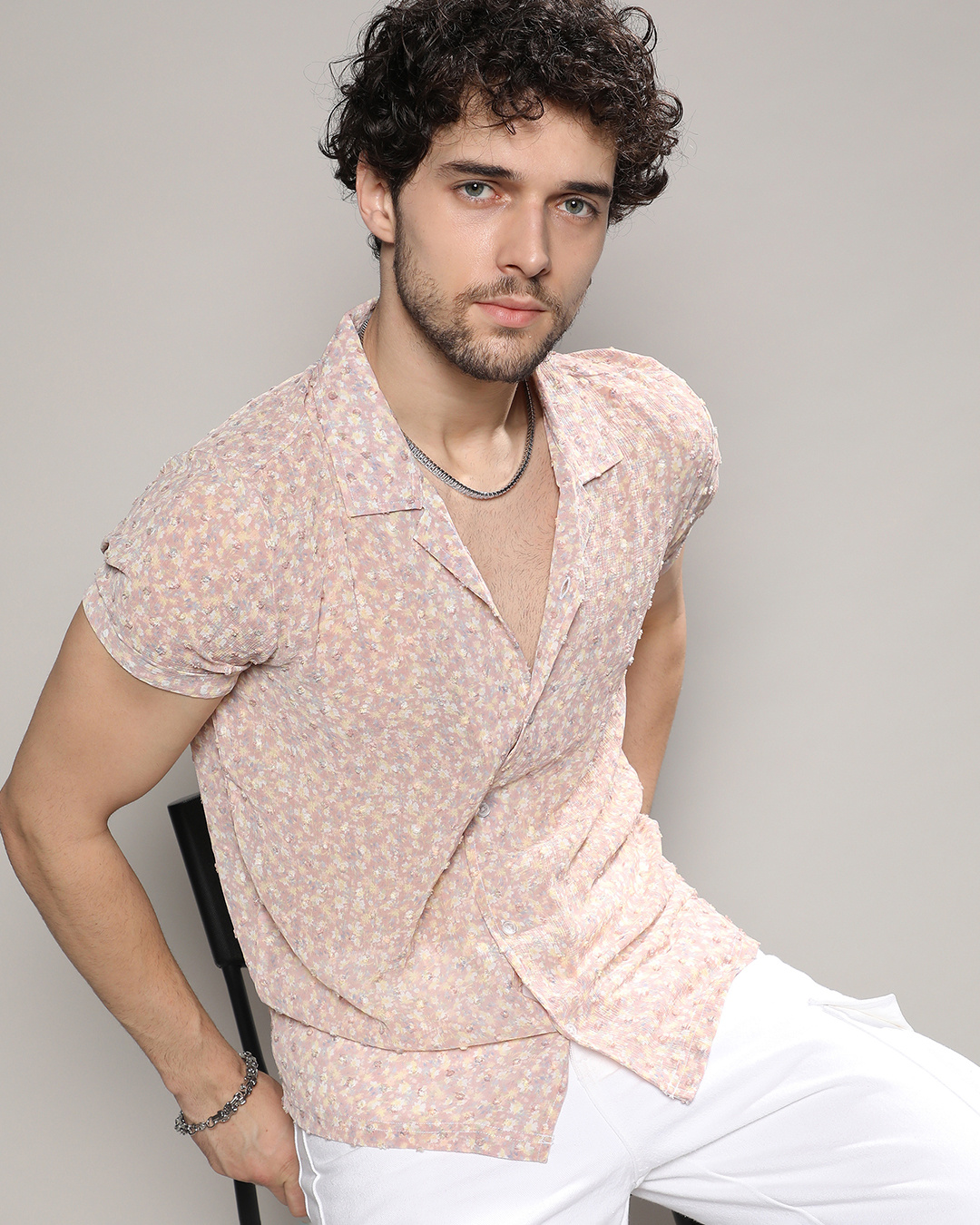 Men's Beige Floral Printed Slim Fit Shirt