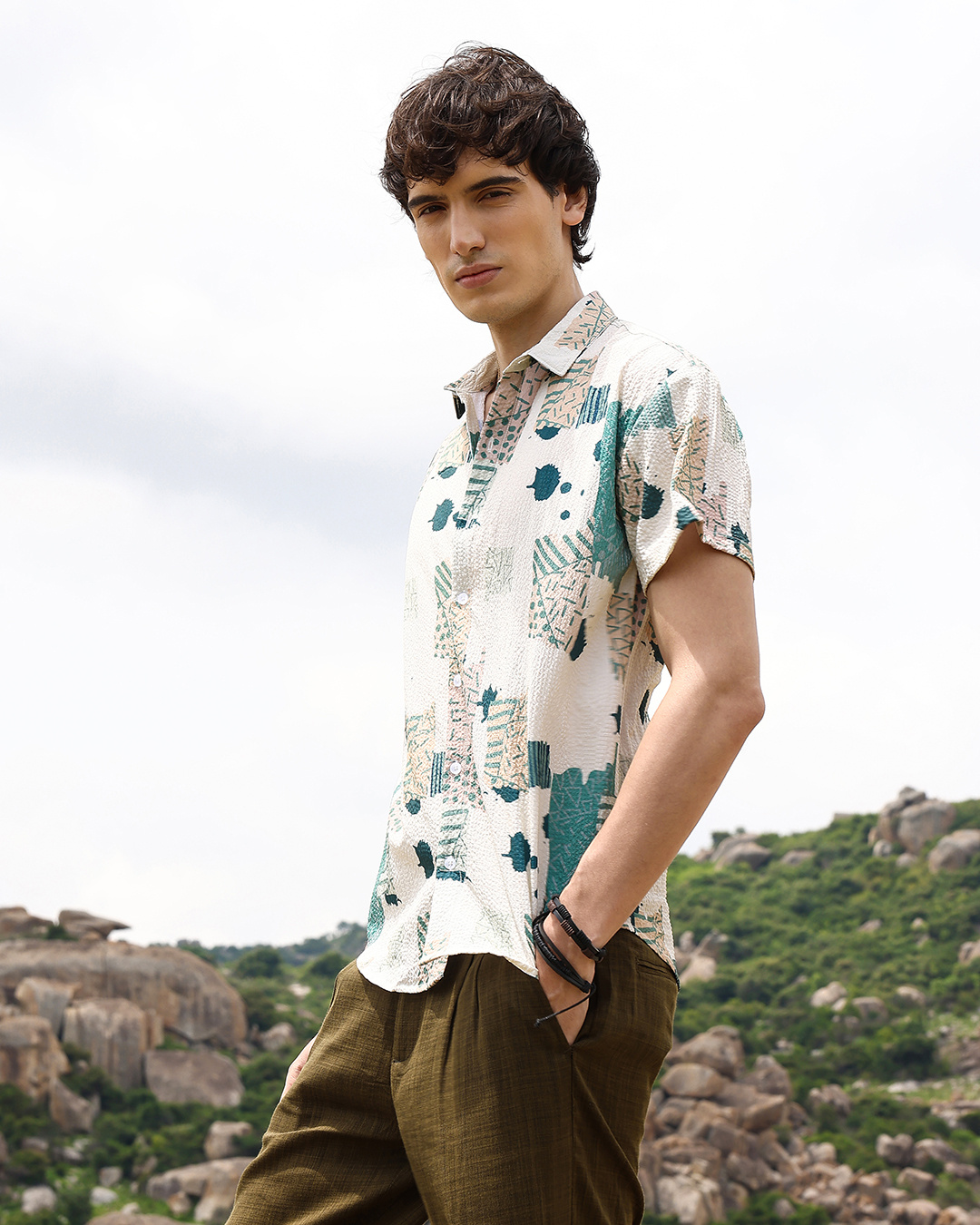 Shop Men's Beige & Forest Green Abstract Printed Shirt-Back