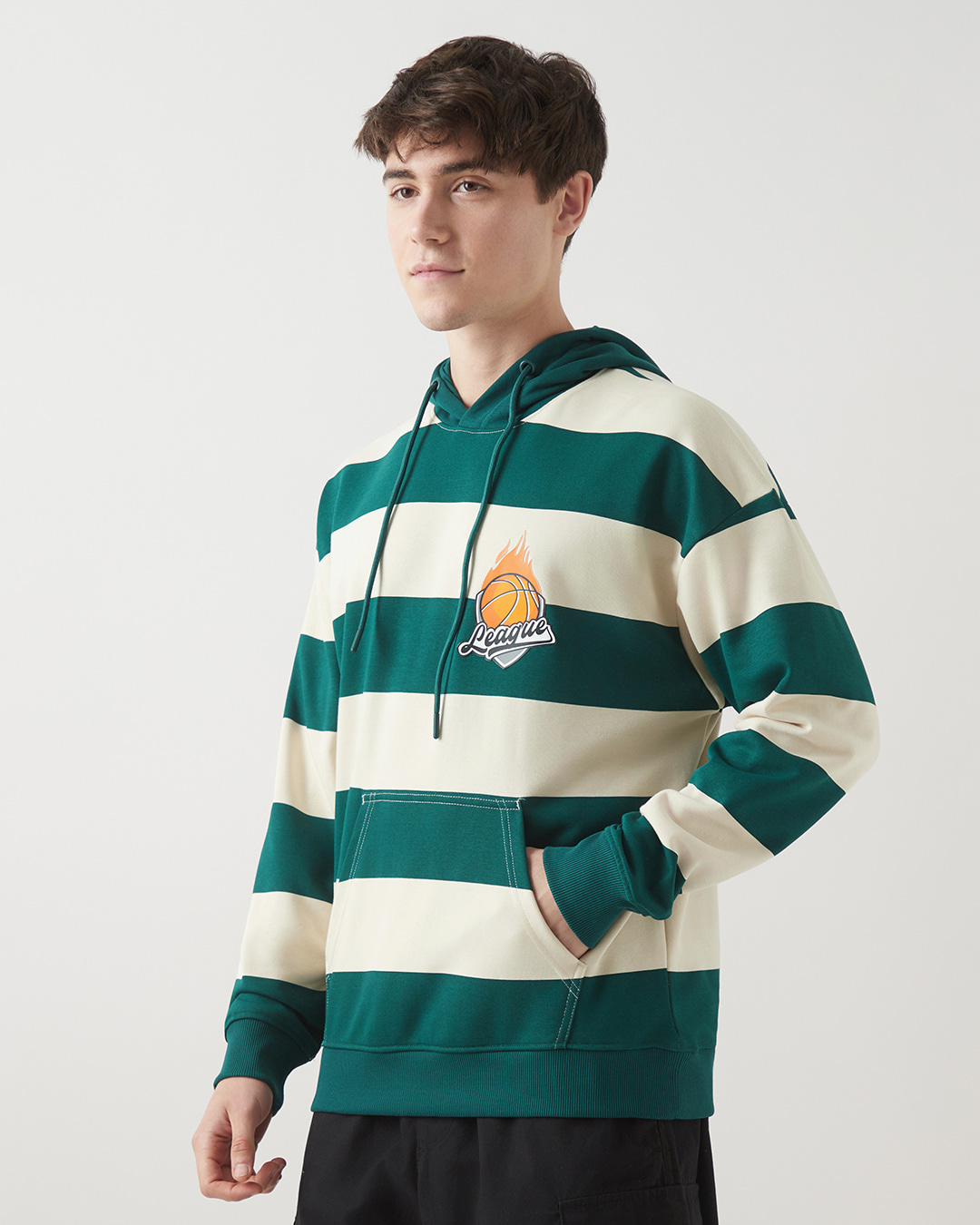 Shop Men's Beige & Green Striped Oversized Hoodies-Back