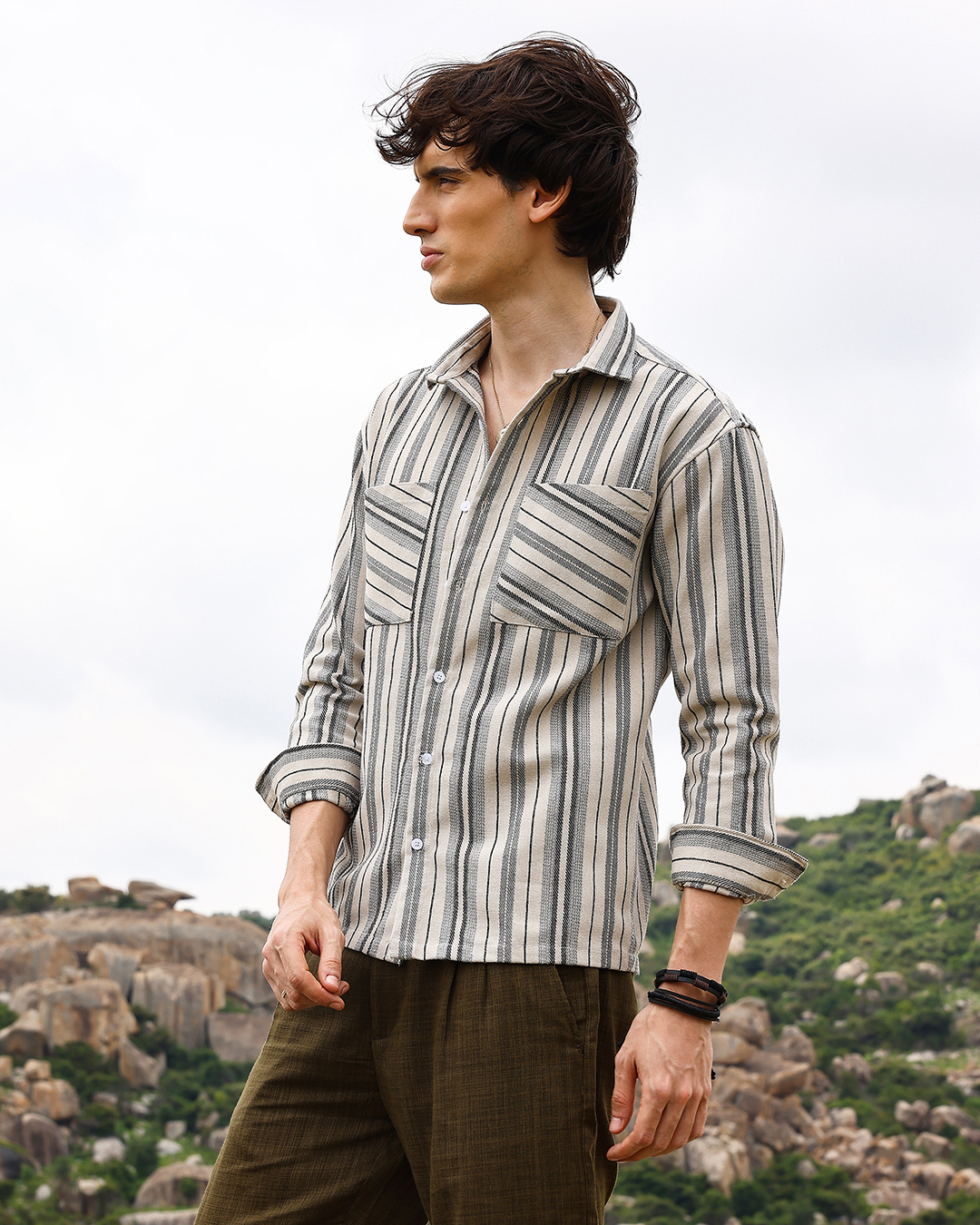 Shop Men's Beige & Grey Striped Shirt-Back