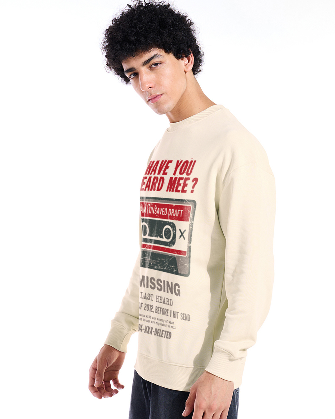 Shop Men's Beige Heard Mee Graphic Printed Oversized Sweatshirt-Back