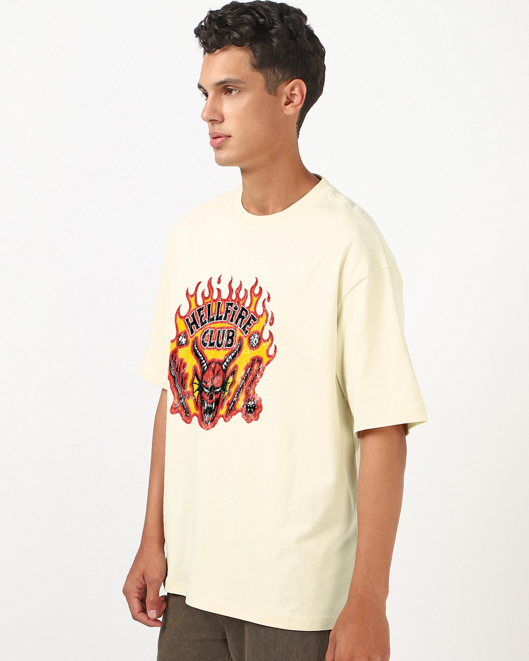 Shop Men's Beige Hellfire Club Graphic Printed Oversized T-shirt-Back