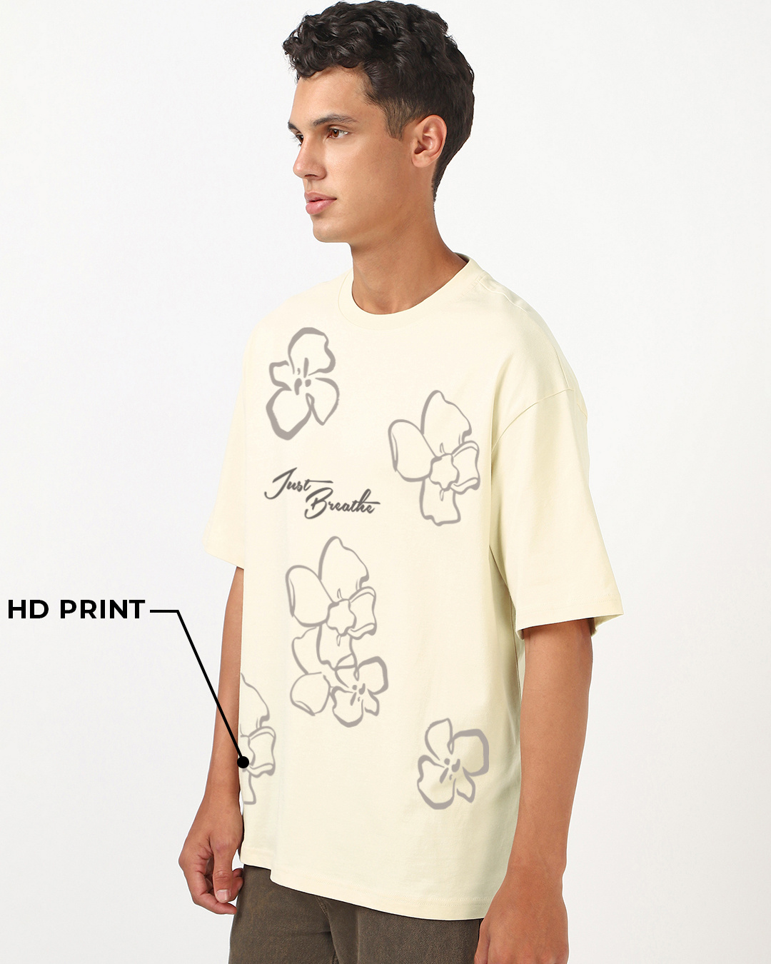 Shop Men's Beige Just Breath Graphic Printed Oversized T-shirt-Back