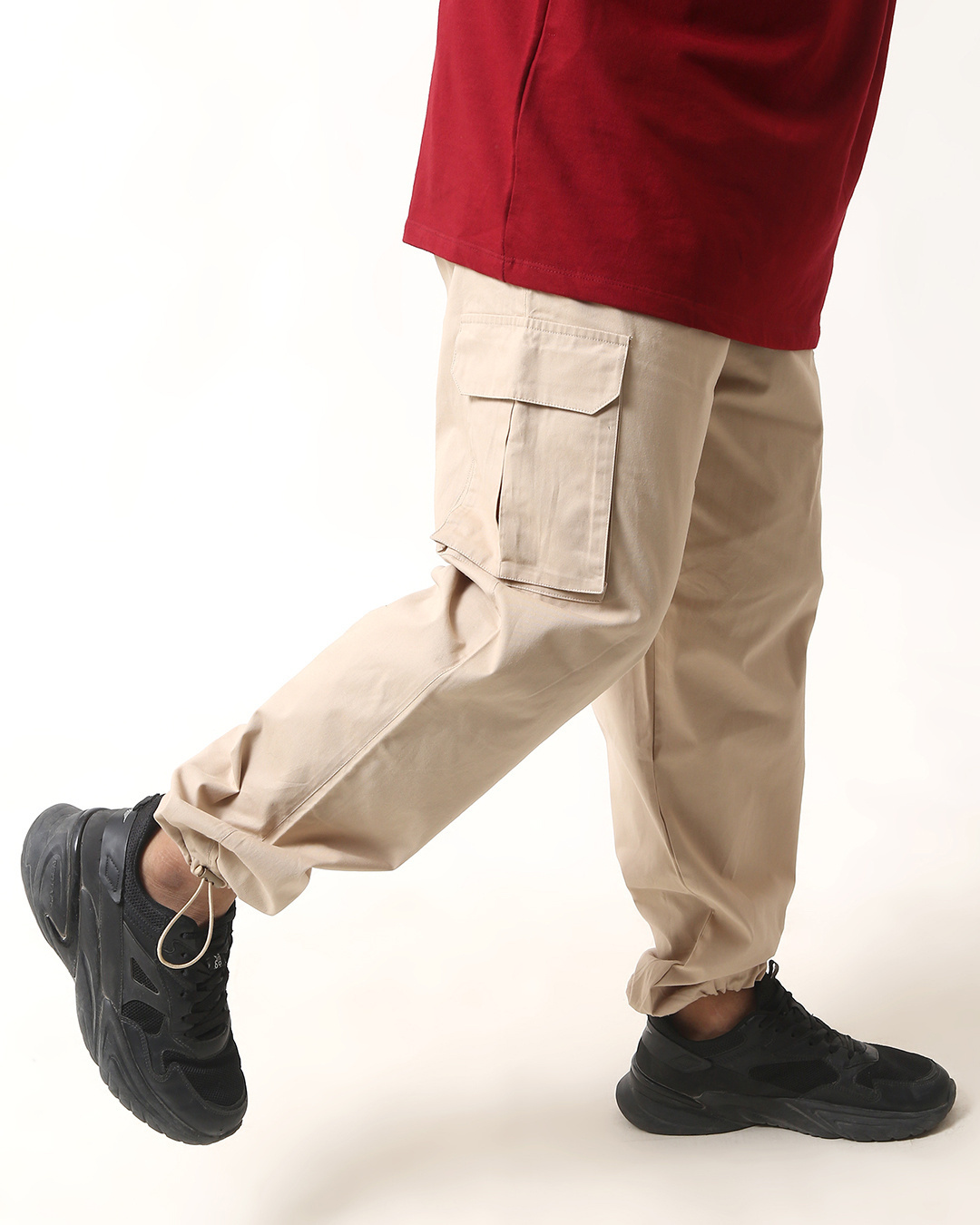 Shop Men's Beige Loose Comfort Fit Cargo Parachute Pants-Back