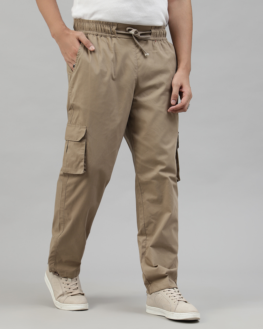 Shop Men's Beige Loose Comfort Fit Cargo Parachute Pants-Back