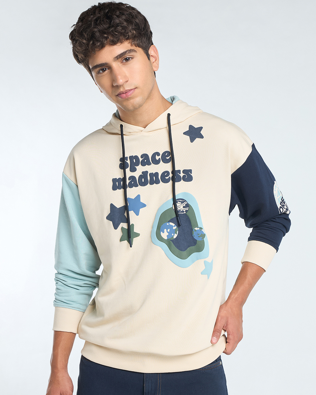 Shop Men's Beige Breathing Space Printed Oversized Hoodies-Back