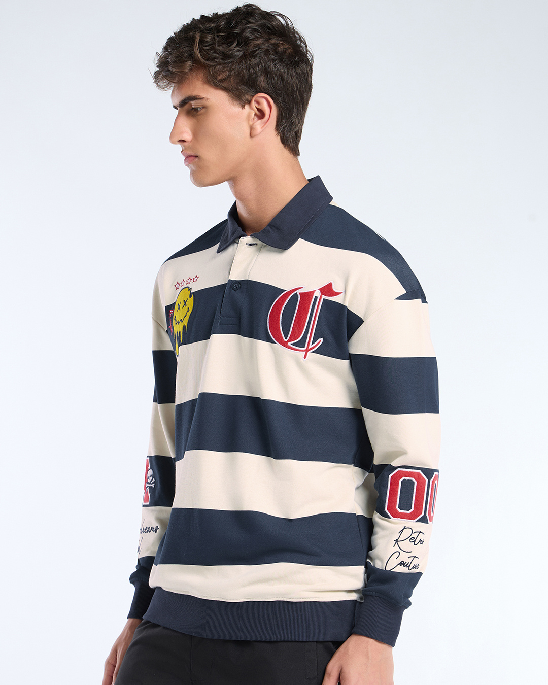 Shop Men's Beige & Navy Blue Striped Oversized Polo Sweatshirt-Back