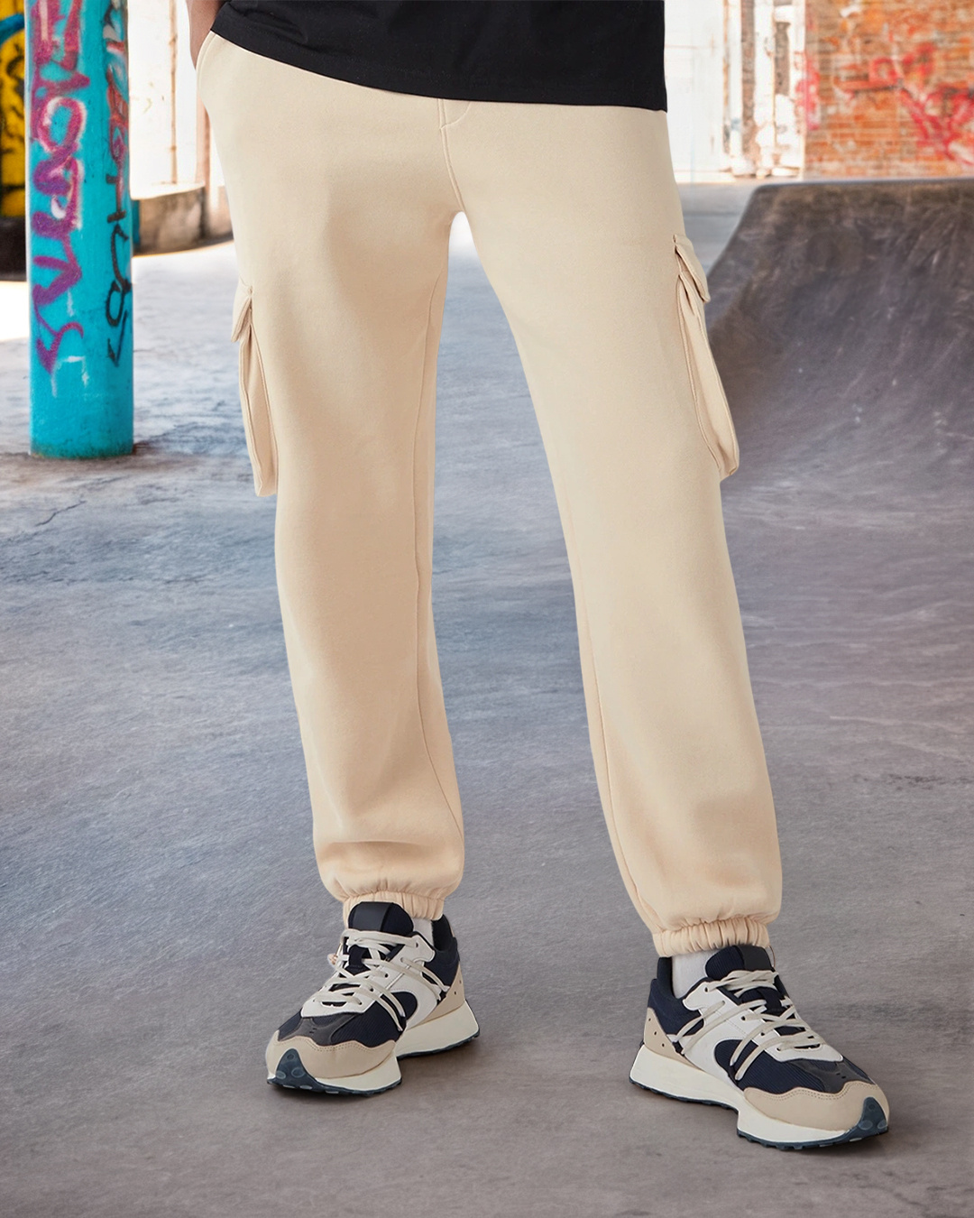 Men's Beige Relaxed Fit Cargo Joggers with Elasticated Waist and Drawstring main image 1